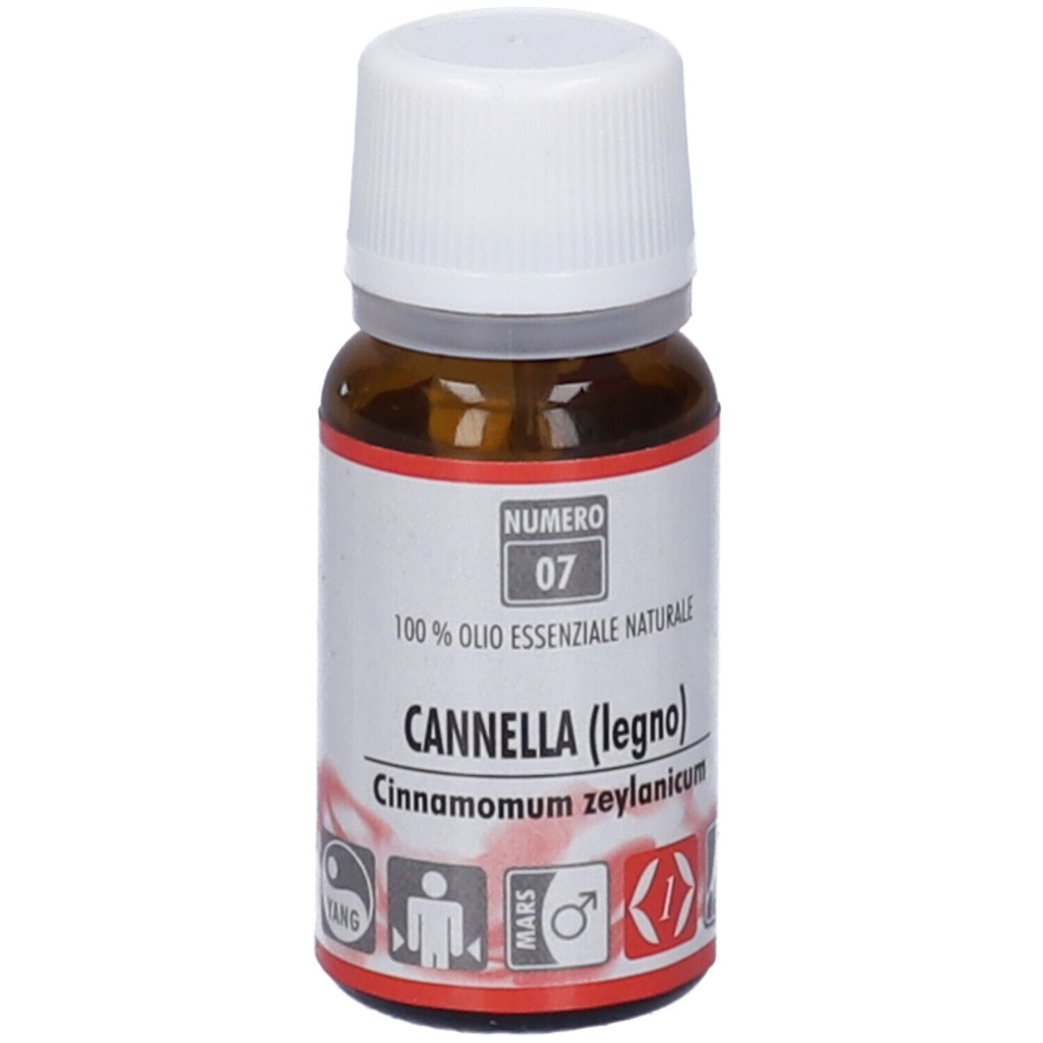 Flacone in vetro marrone con tappo bianco. Scritta: Numero 07, Cannella (legno). Etichetta con informazioni sul prodotto.