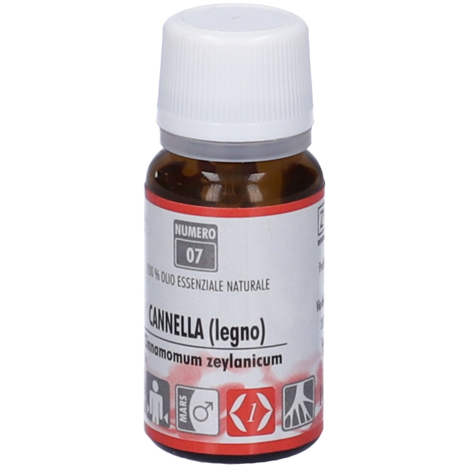 Flacone in vetro marrone con tappo bianco. Scritta: Numero 07, Cannella (legno). Etichetta con informazioni sul prodotto.