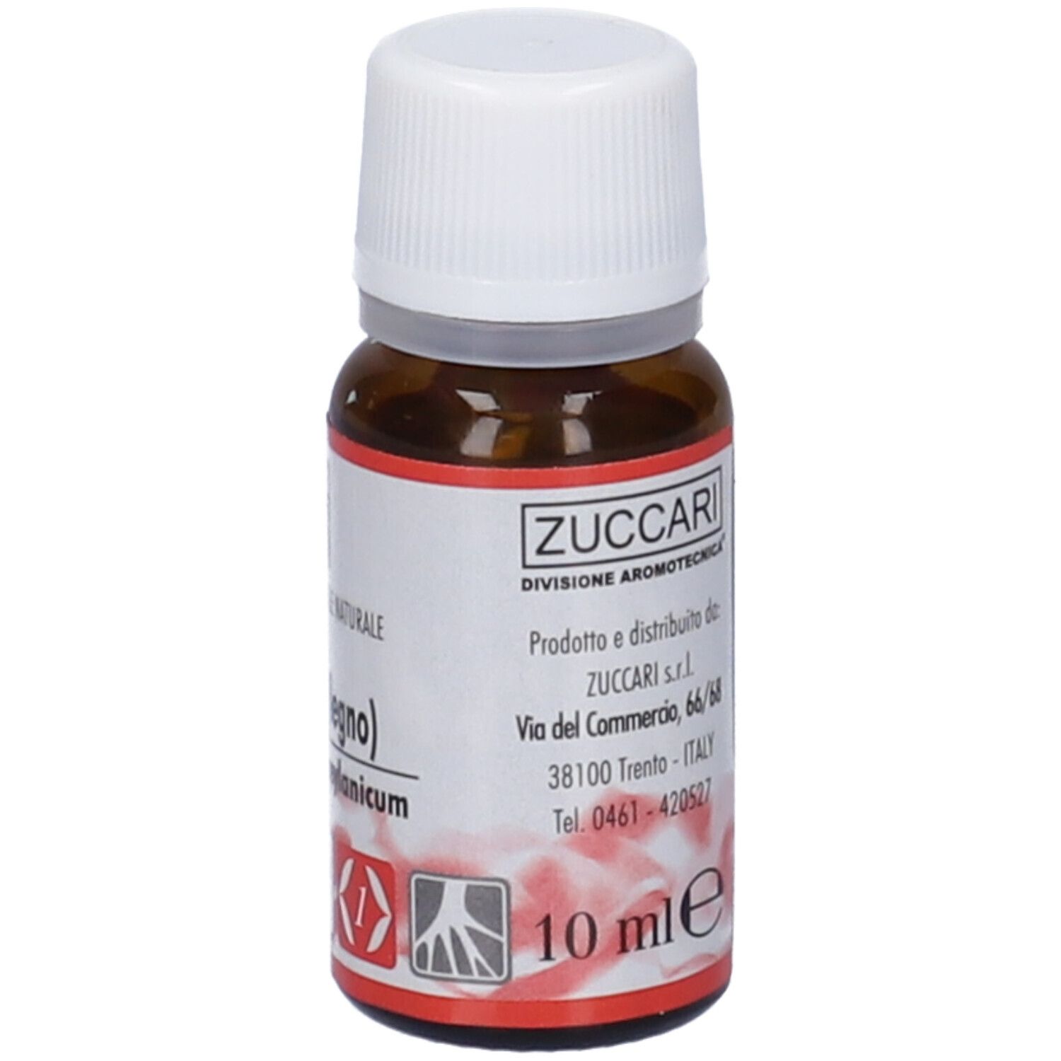 Flacone in vetro marrone con tappo bianco. Scritta: Zuccari, Cannella (legno). Etichetta con informazioni e indirizzo.