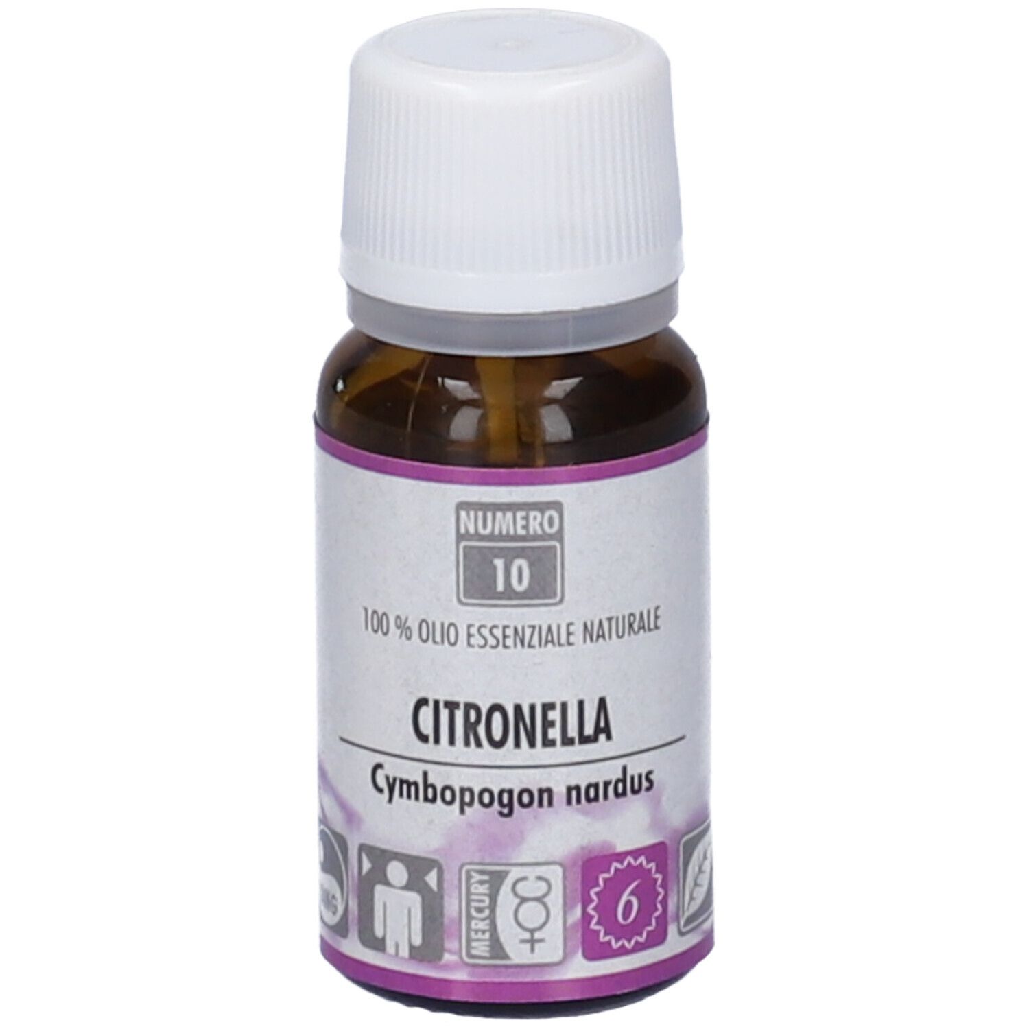 Flacone di vetro marrone con tappo bianco. Etichetta con testo: Citronella, 100% Olio Essenziale Naturale. Logo.