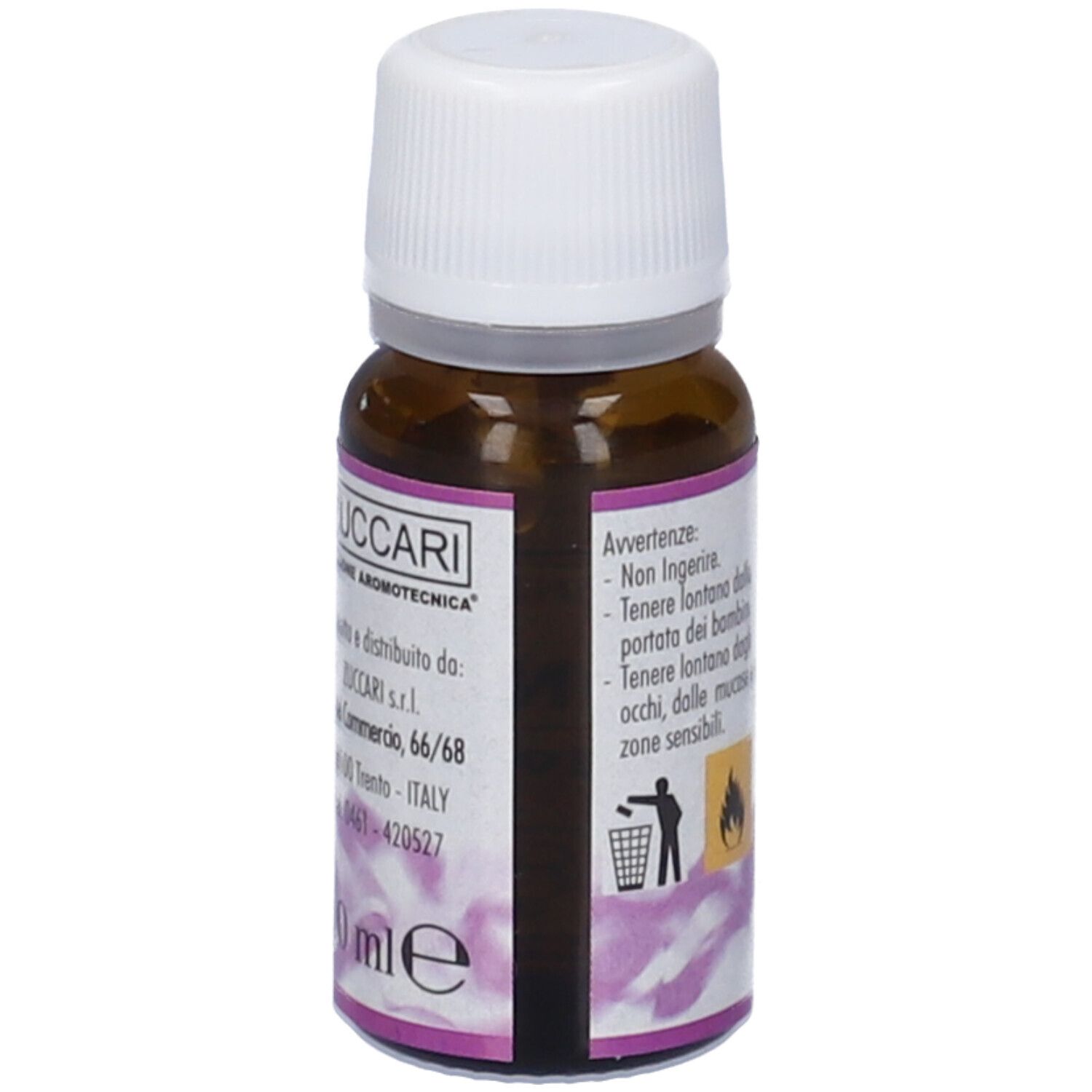 Flacone di vetro marrone con tappo bianco. Etichetta con testo: Zuccari, 10 ml. Avvertenze e indirizzo.