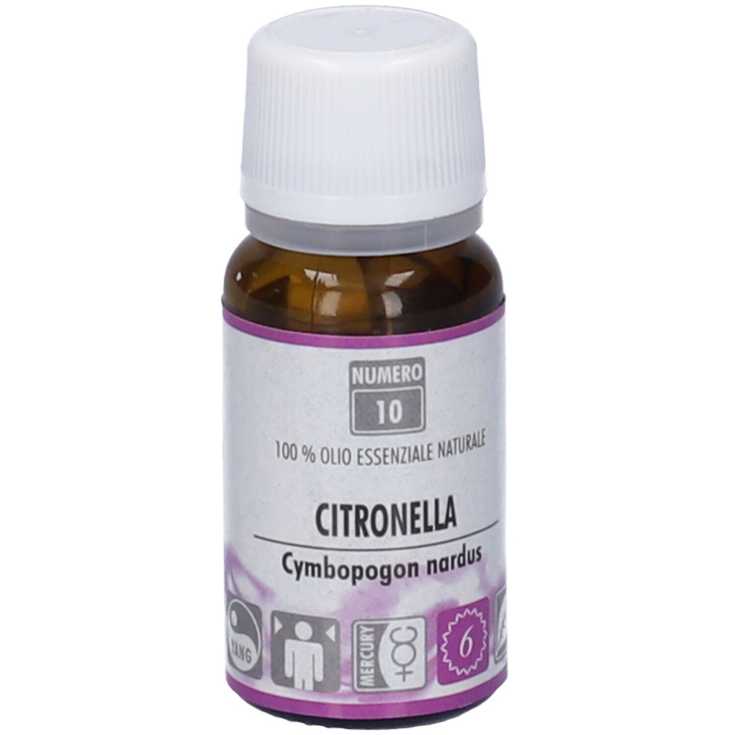 Flacone di vetro marrone con tappo bianco. Etichetta con testo: Citronella, 100% Olio Essenziale Naturale. Logo.