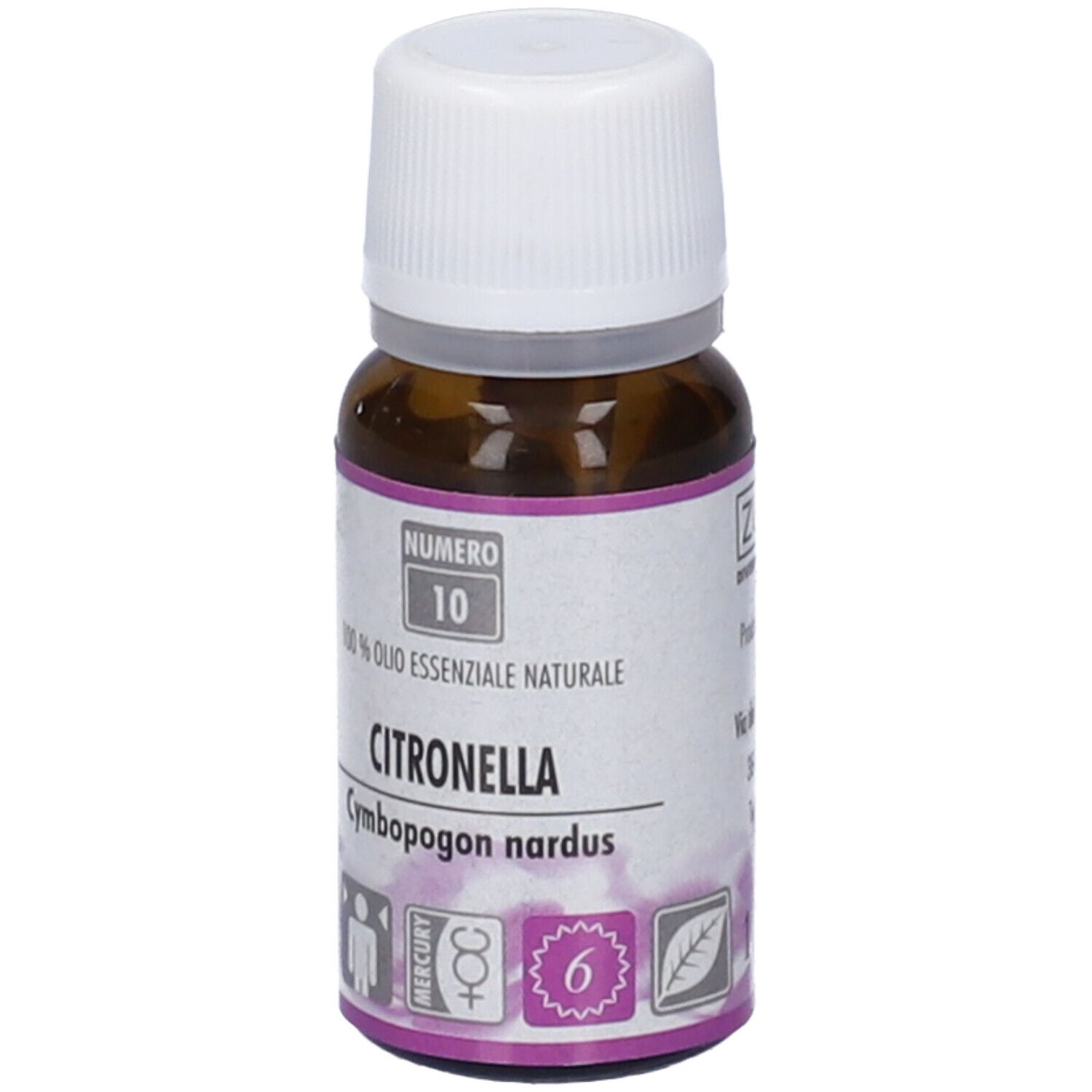 Flacone di vetro marrone con tappo bianco. Etichetta con testo: Citronella, 100% Olio Essenziale Naturale. Logo.