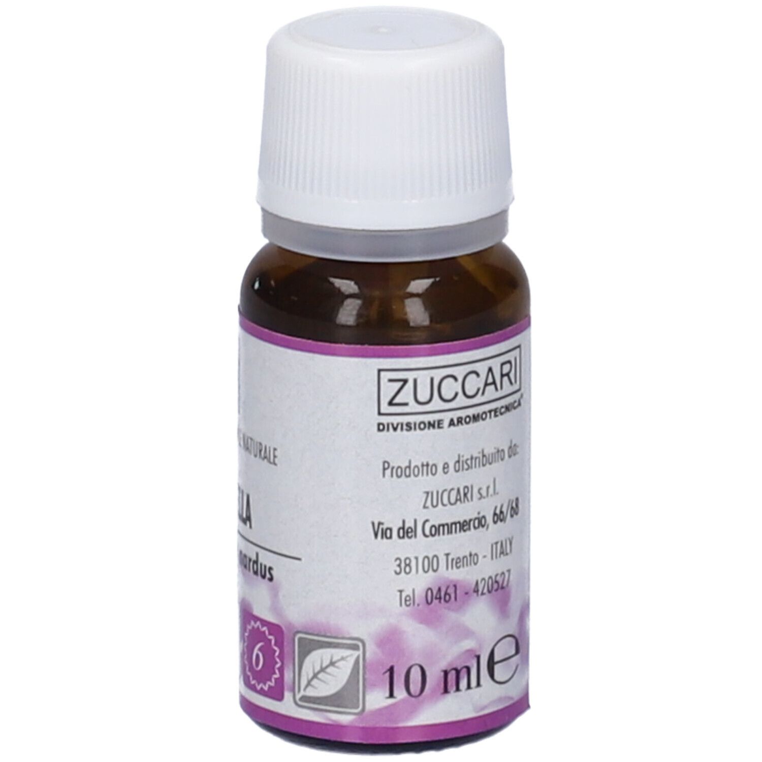 Flacone di vetro marrone con tappo bianco. Etichetta con testo: Zuccari, 10 ml. Nome del prodotto e indirizzo.