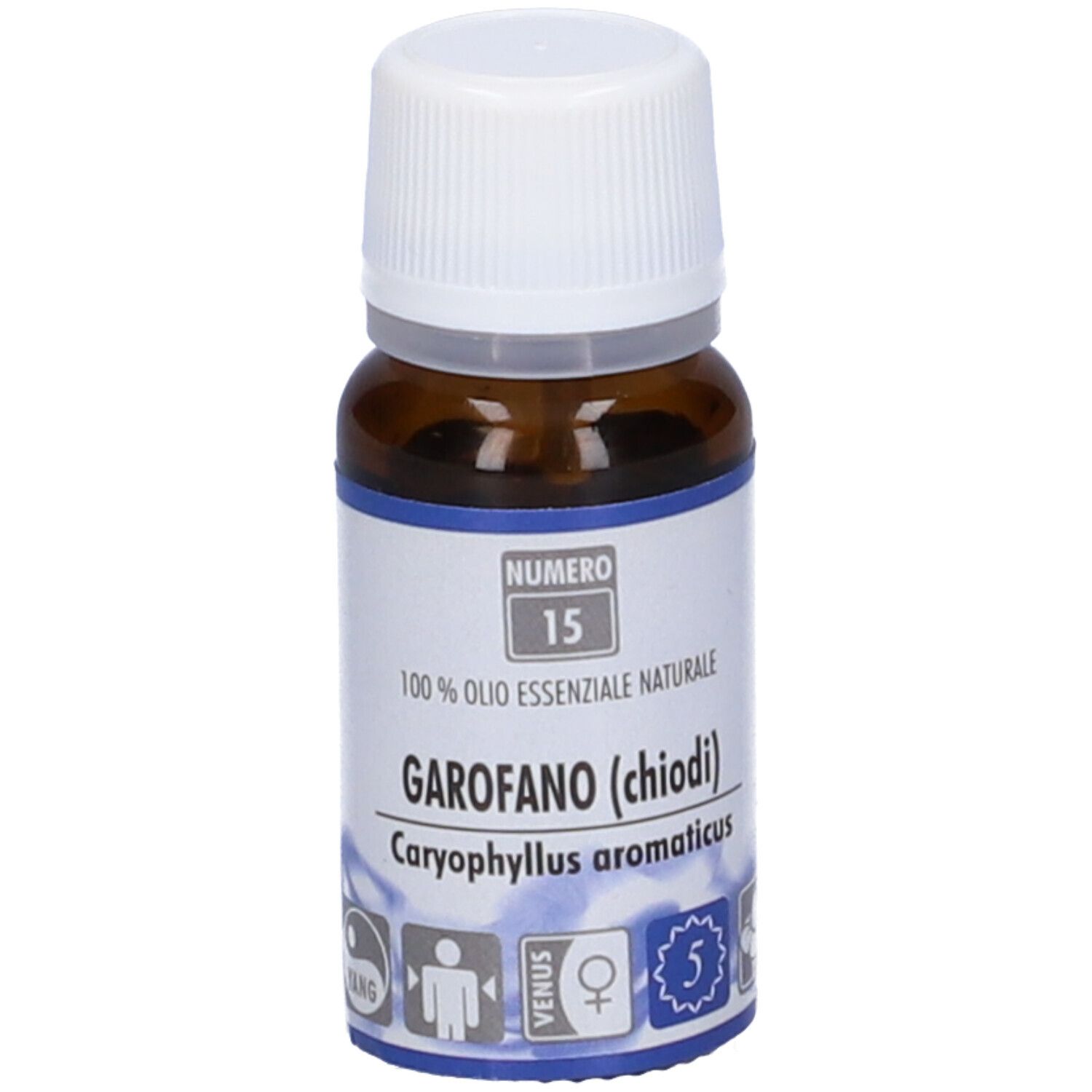 Flacone di vetro marrone con tappo bianco ed etichetta. L'etichetta riporta "Garofano (chiodi)". Numero 15.