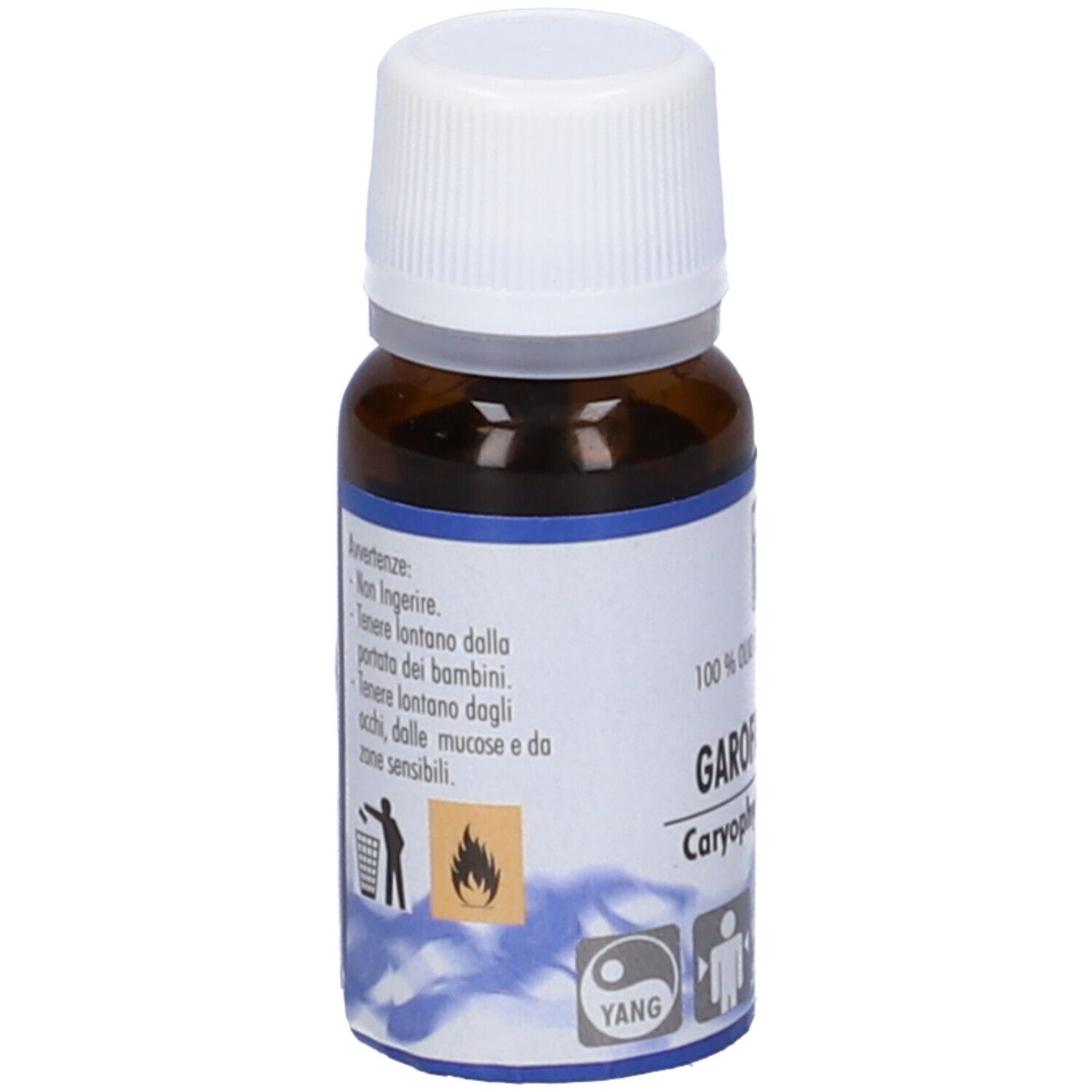 Flacone di vetro marrone con tappo bianco ed etichetta. L'etichetta riporta "Garofano (chiodi)". Avvertenze e simboli.