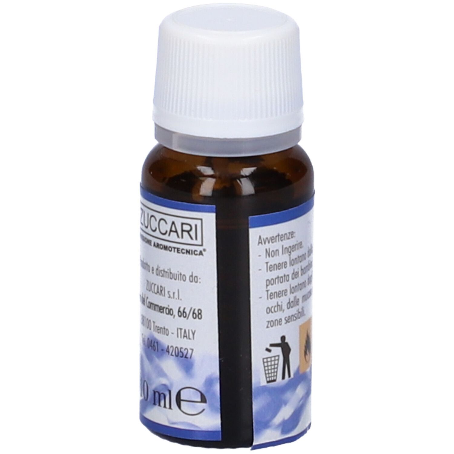 Flacone di vetro marrone con tappo bianco ed etichetta. L'etichetta riporta "Garofano (chiodi)". Informazioni del produttore.