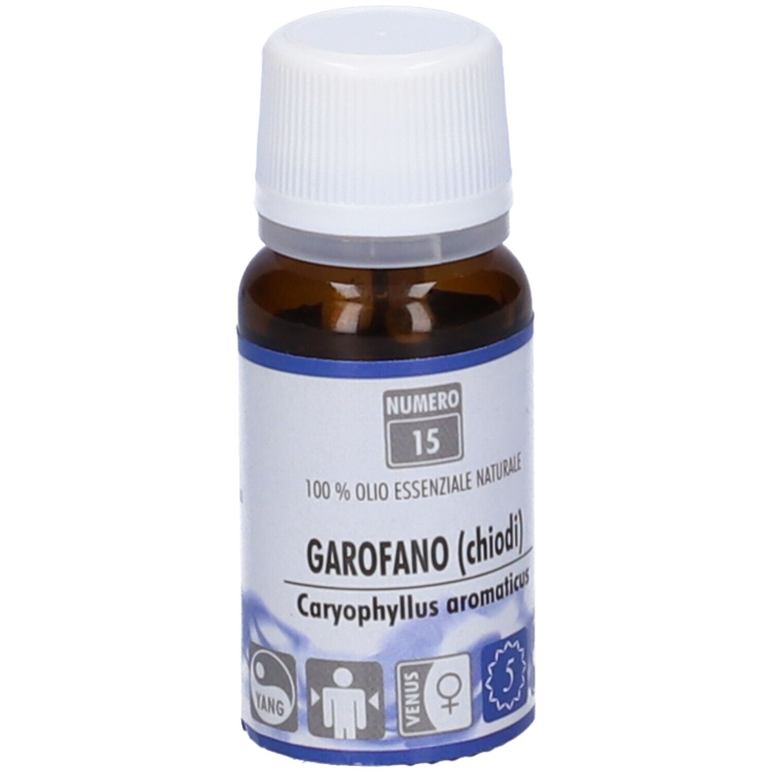 Flacone di vetro marrone con tappo bianco ed etichetta. L'etichetta riporta "Garofano (chiodi)". Numero 15 e simboli.