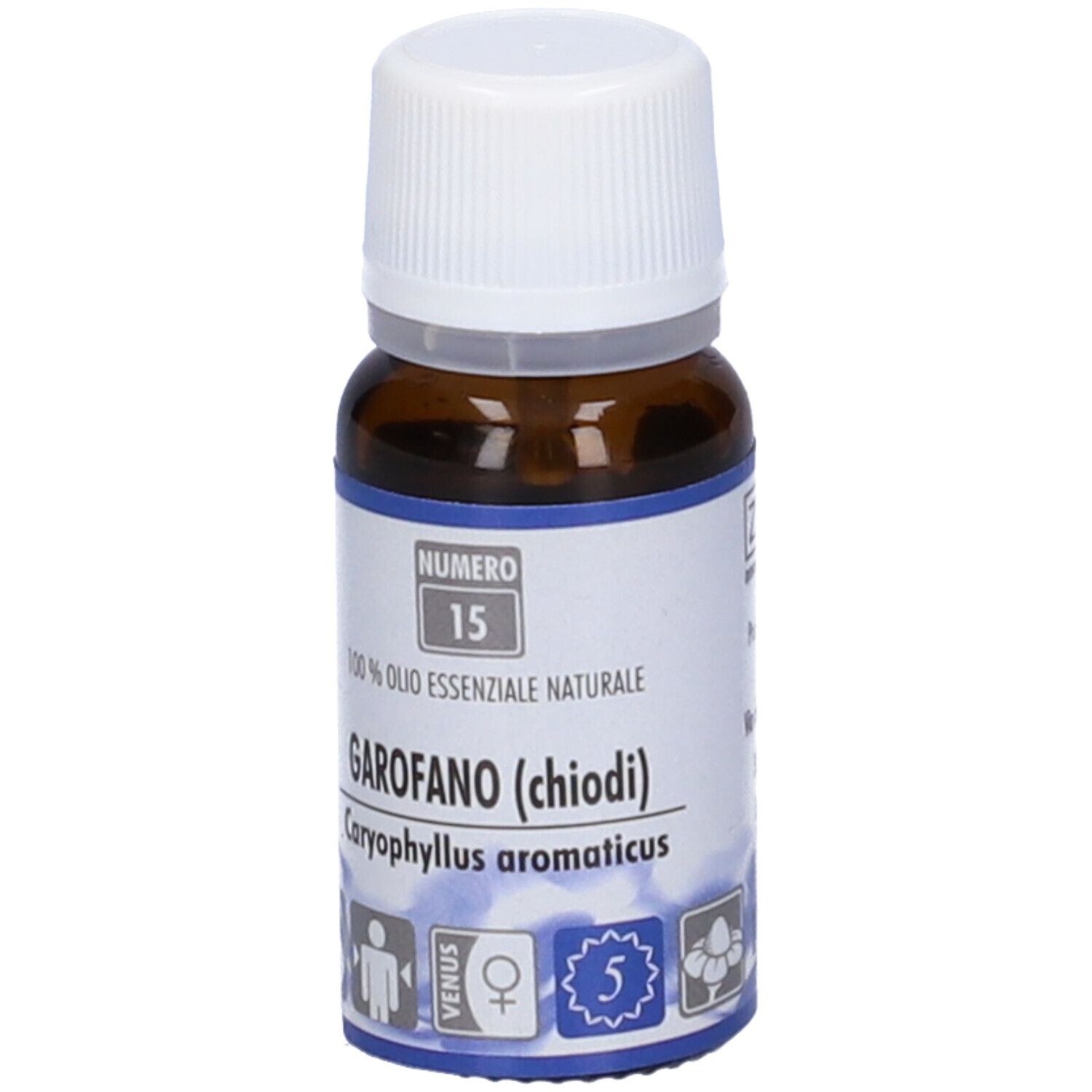 Flacone di vetro marrone con tappo bianco ed etichetta. L'etichetta riporta "Garofano (chiodi)". Simboli e numero 5.