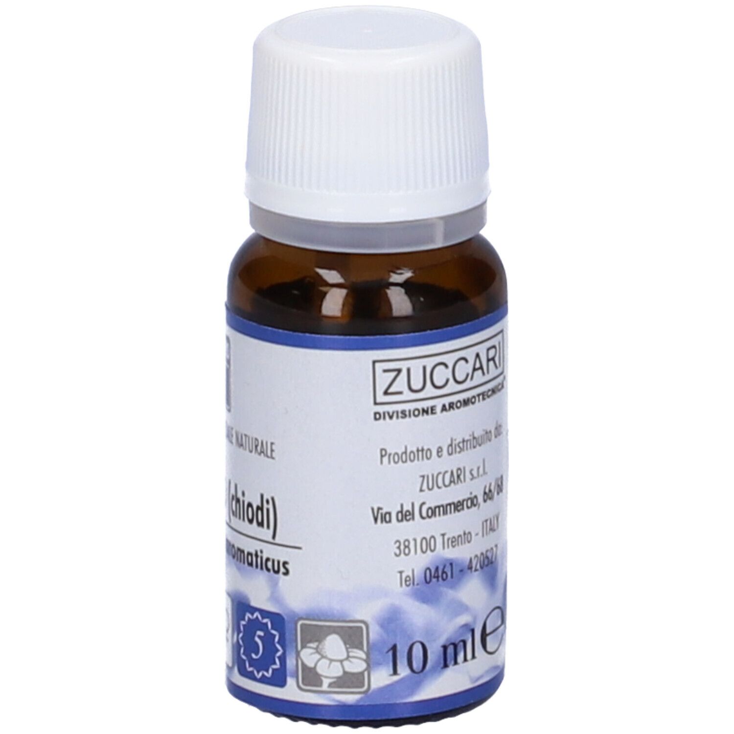 Flacone di vetro marrone con tappo bianco ed etichetta. L'etichetta riporta "Garofano (chiodi)". 10 ml.