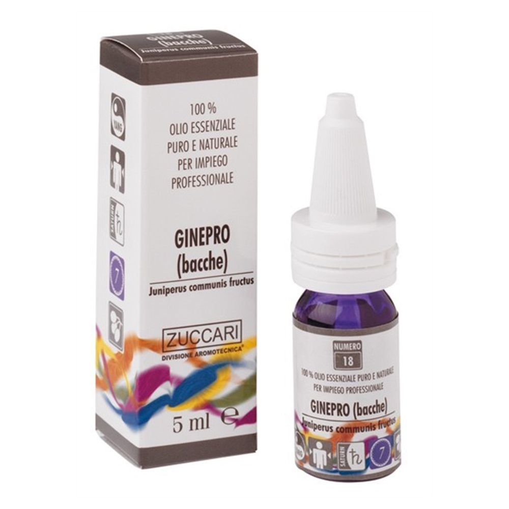Flacone con contagocce e scatola. Scritta: Ginepro (bacche), Zuccari. 100% Olio Essenziale. 5 ml.