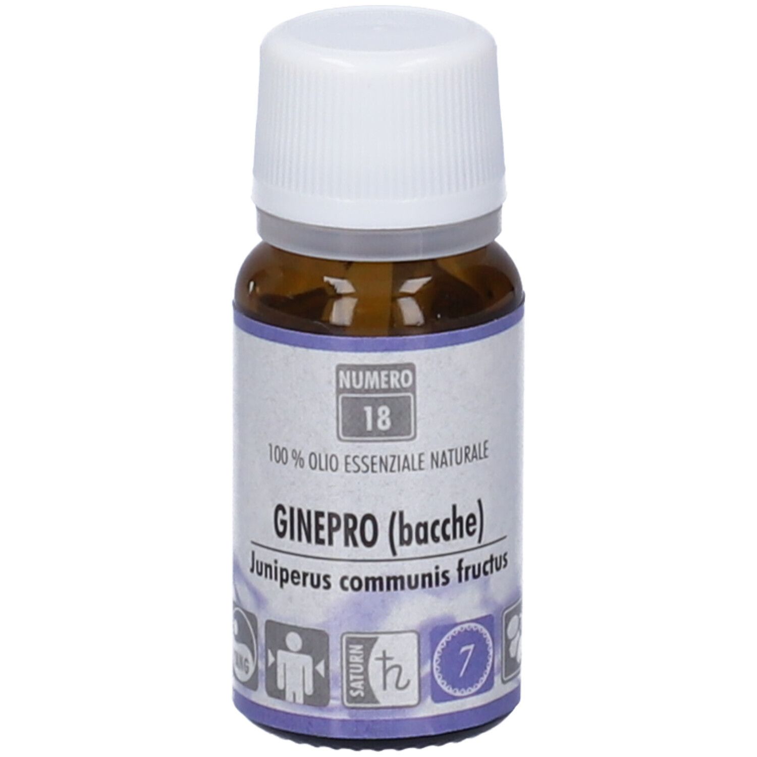 Flacone in vetro marrone con tappo bianco. Scritta: Ginepro (bacche). 100% Olio Essenziale Naturale. Numero 18.