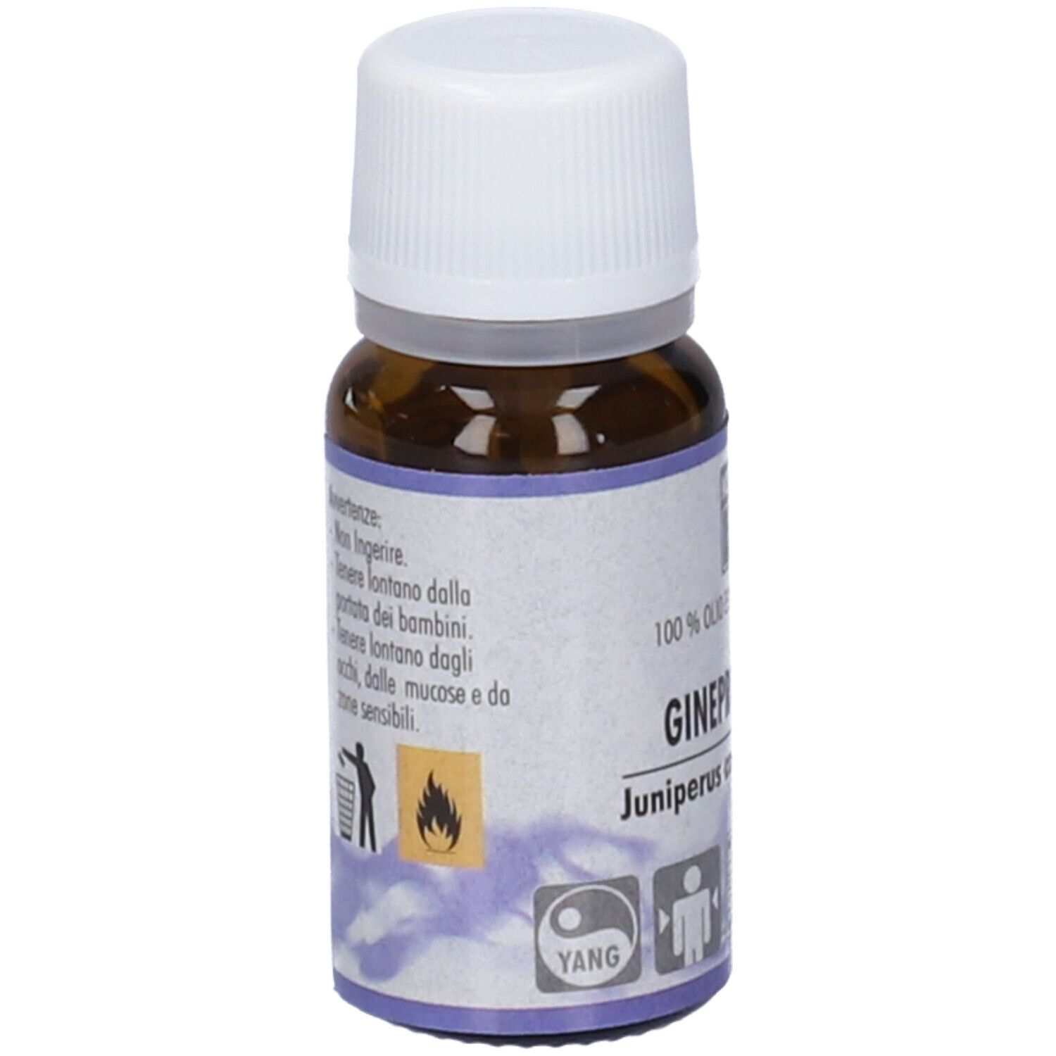 Flacone in vetro marrone con tappo bianco. Scritta: Ginepro (bacche). 100% Olio Essenziale Naturale. Avvertenze.