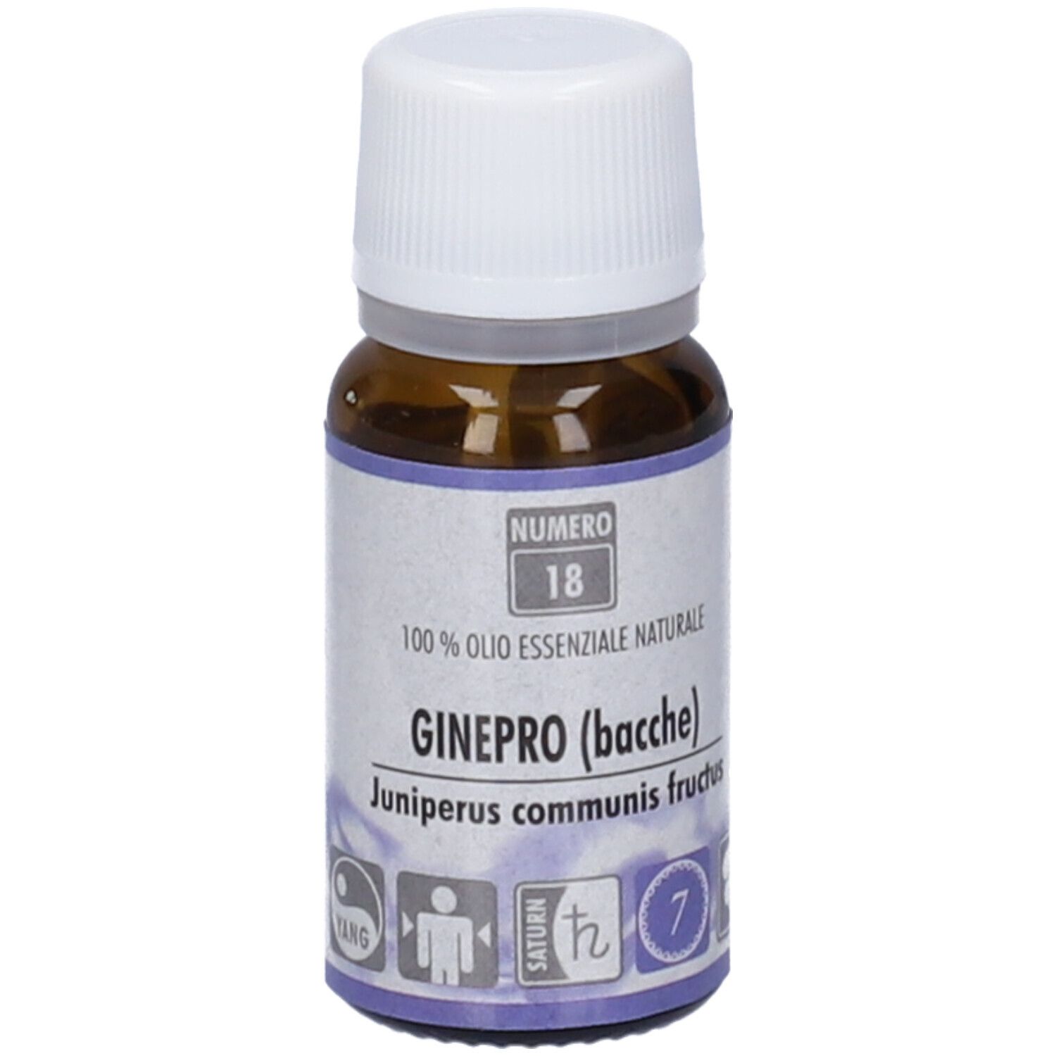 Flacone in vetro marrone con tappo bianco. Scritta: Ginepro (bacche). 100% Olio Essenziale Naturale. Numero 18.