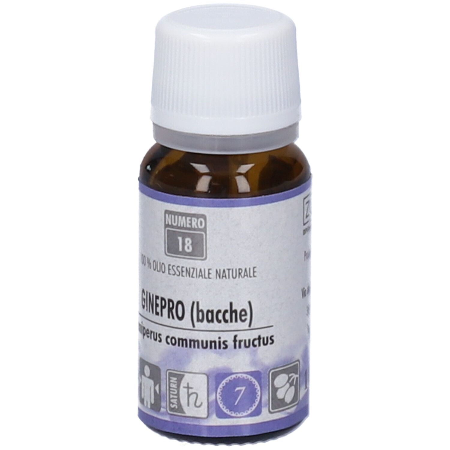 Flacone in vetro marrone con tappo bianco. Scritta: Ginepro (bacche). 100% Olio Essenziale Naturale. Numero 18.