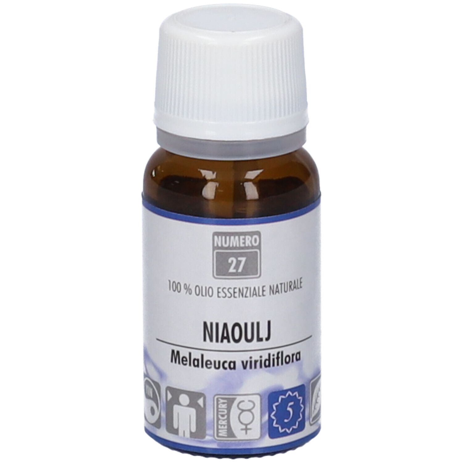Flacone di vetro marrone con tappo bianco. Scritta: Numero 27, Niaouly, 100% Olio Essenziale Naturale.