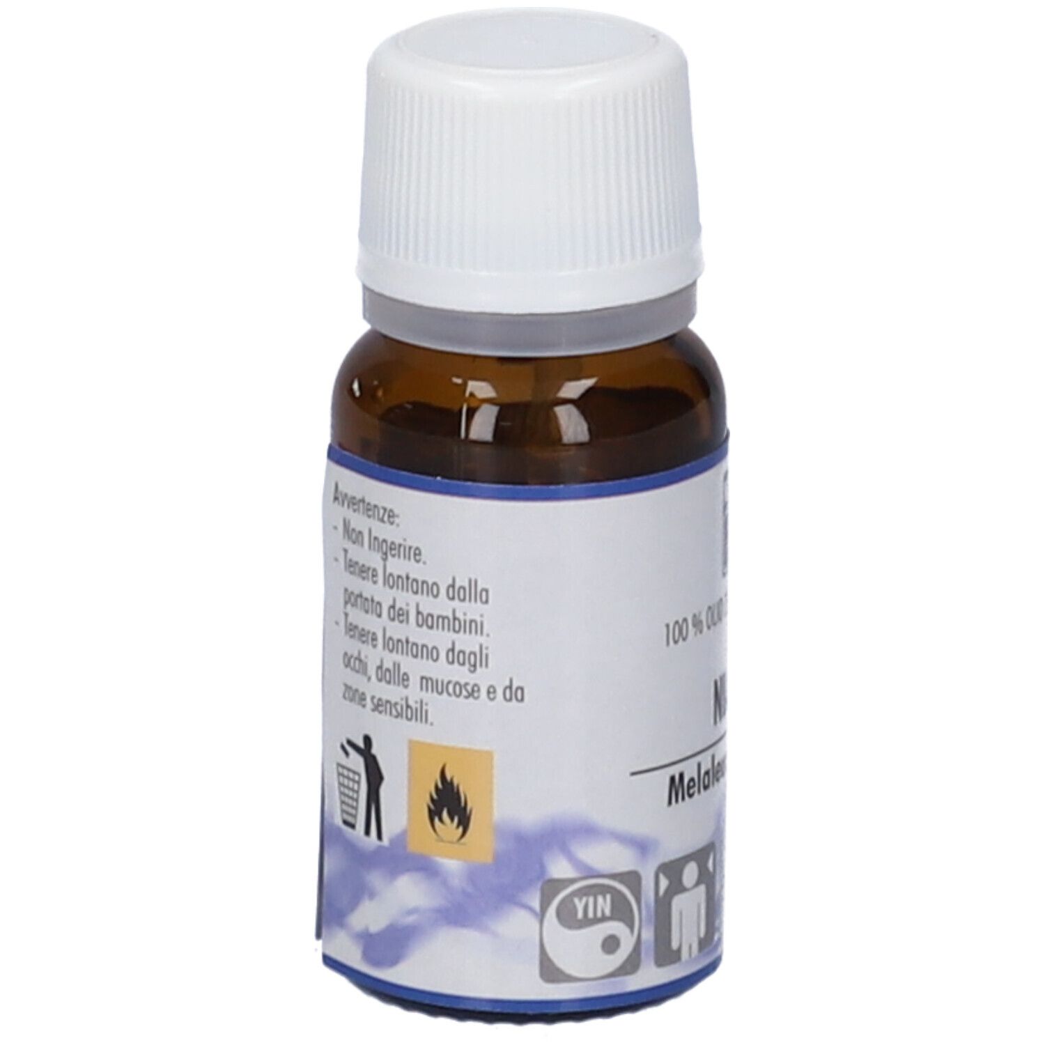 Flacone di vetro marrone con tappo bianco. Scritte: Avvertenze, Niaouly, 100% Olio Essenziale Naturale.