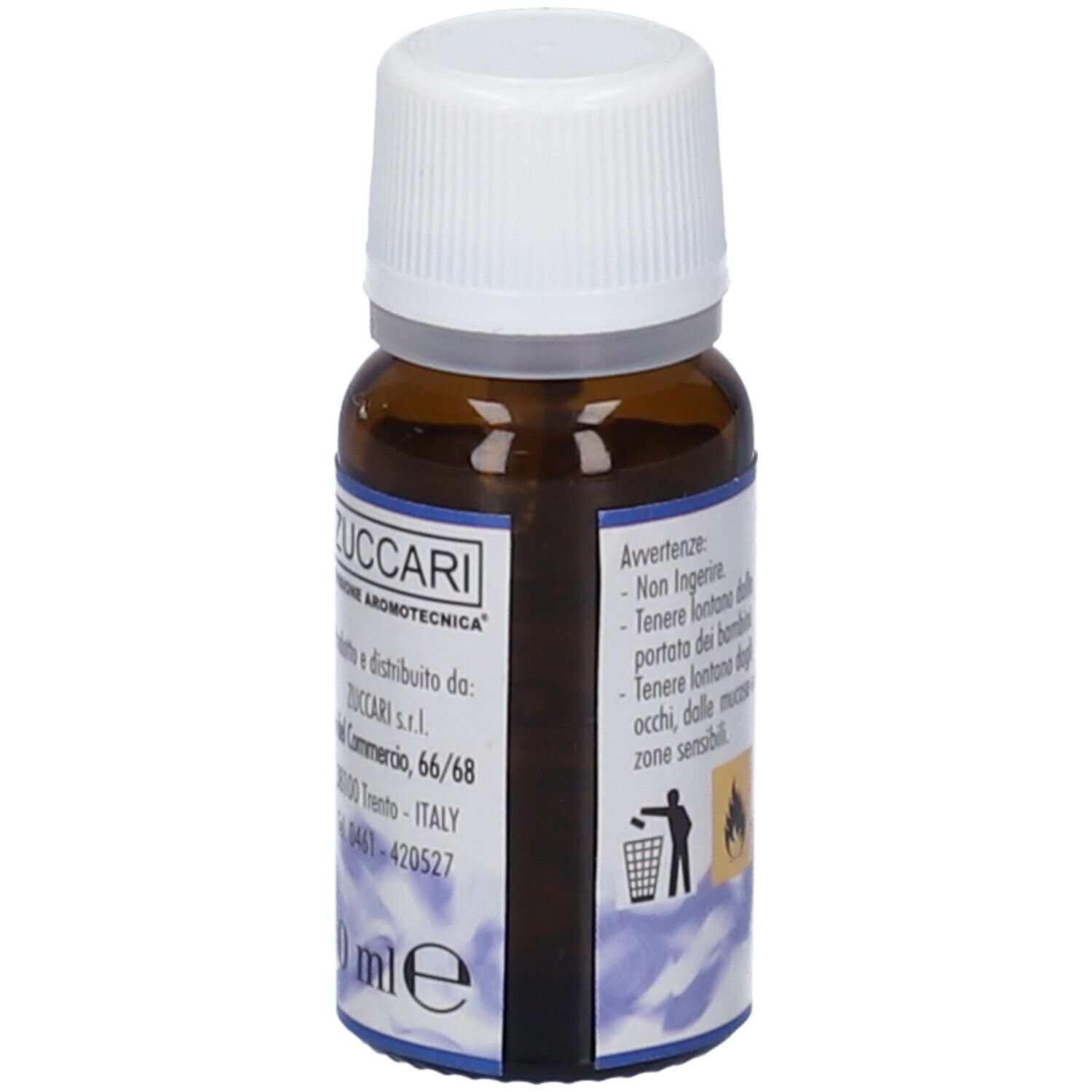 Flacone di vetro marrone con tappo bianco. Scritta: Zuccari, 10 ml, Niaouly, 100% Olio Essenziale Naturale.