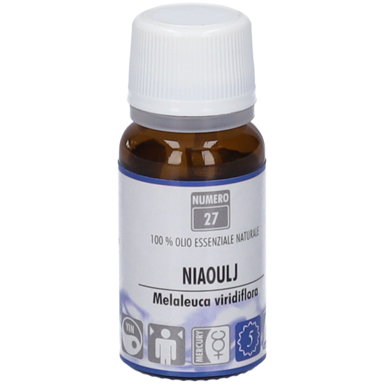 Flacone di vetro marrone con tappo bianco. Scritta: Numero 27, Niaouly, 100% Olio Essenziale Naturale.
