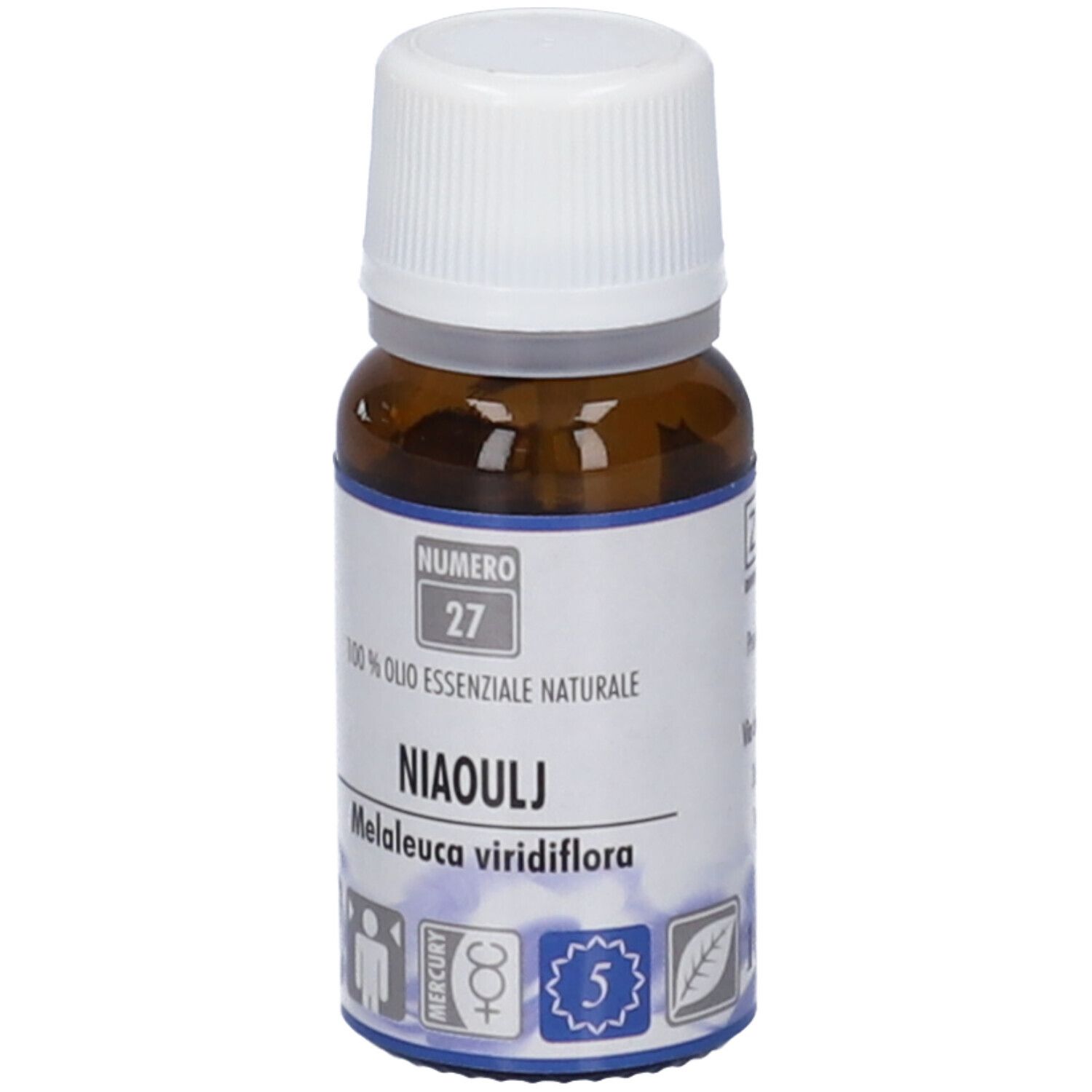 Flacone di vetro marrone con tappo bianco. Scritta: Numero 27, Niaouly, 100% Olio Essenziale Naturale.