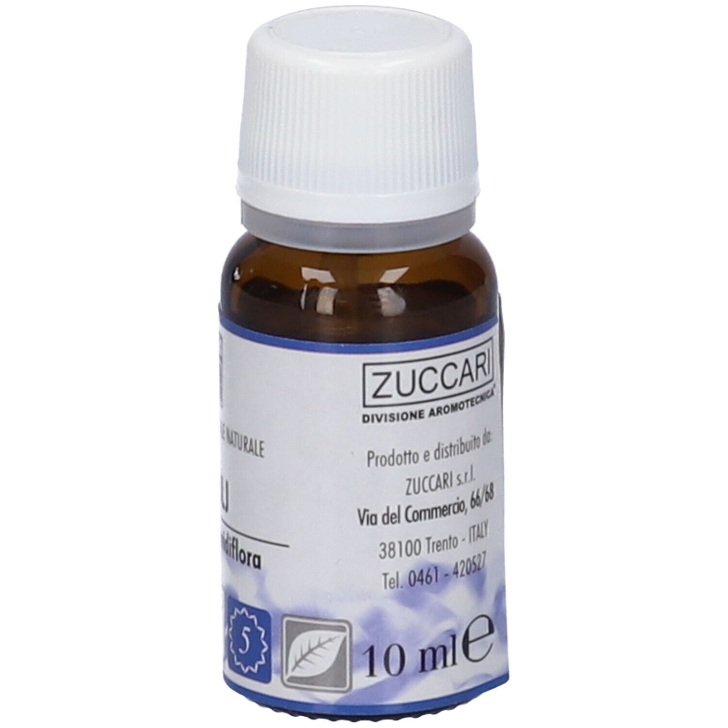 Flacone di vetro marrone con tappo bianco. Scritta: Zuccari, 10 ml, Niaouly, 100% Olio Essenziale Naturale.