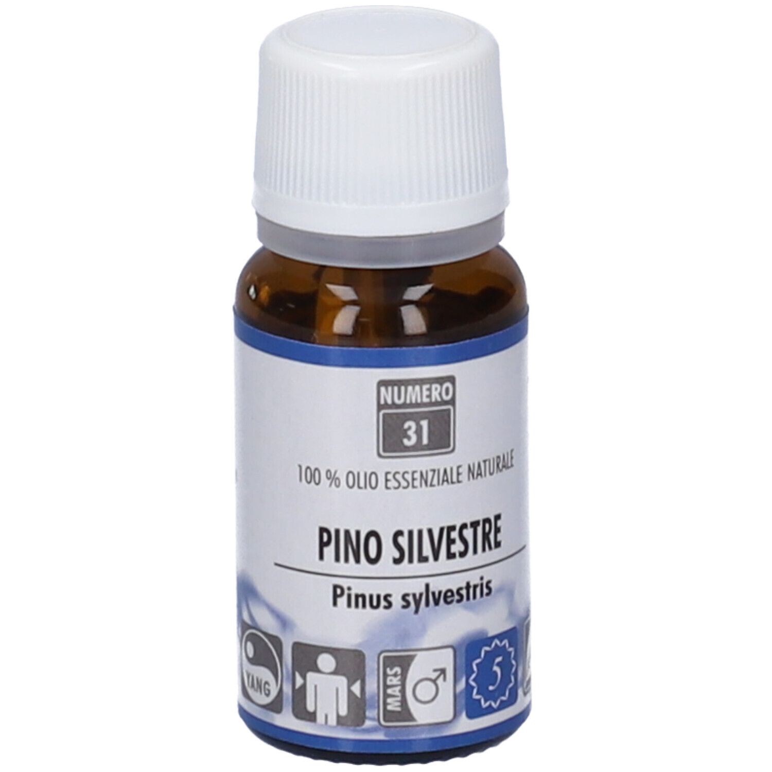 Flacone di vetro marrone con tappo bianco. Scritta: Pino Silvestre, 100% Olio Essenziale Naturale. Etichetta blu e bianca.
