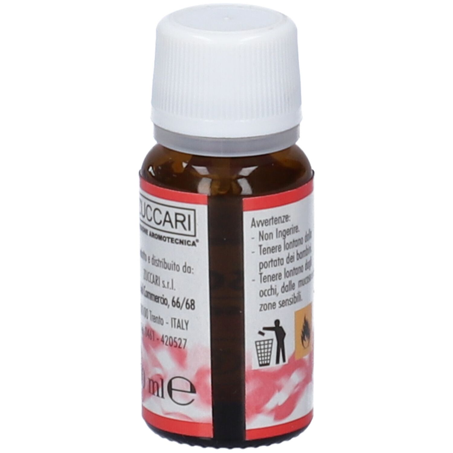 Flacone in vetro ambrato con tappo a vite bianco, 10 ml. Etichetta con avvertenze e dati del produttore.