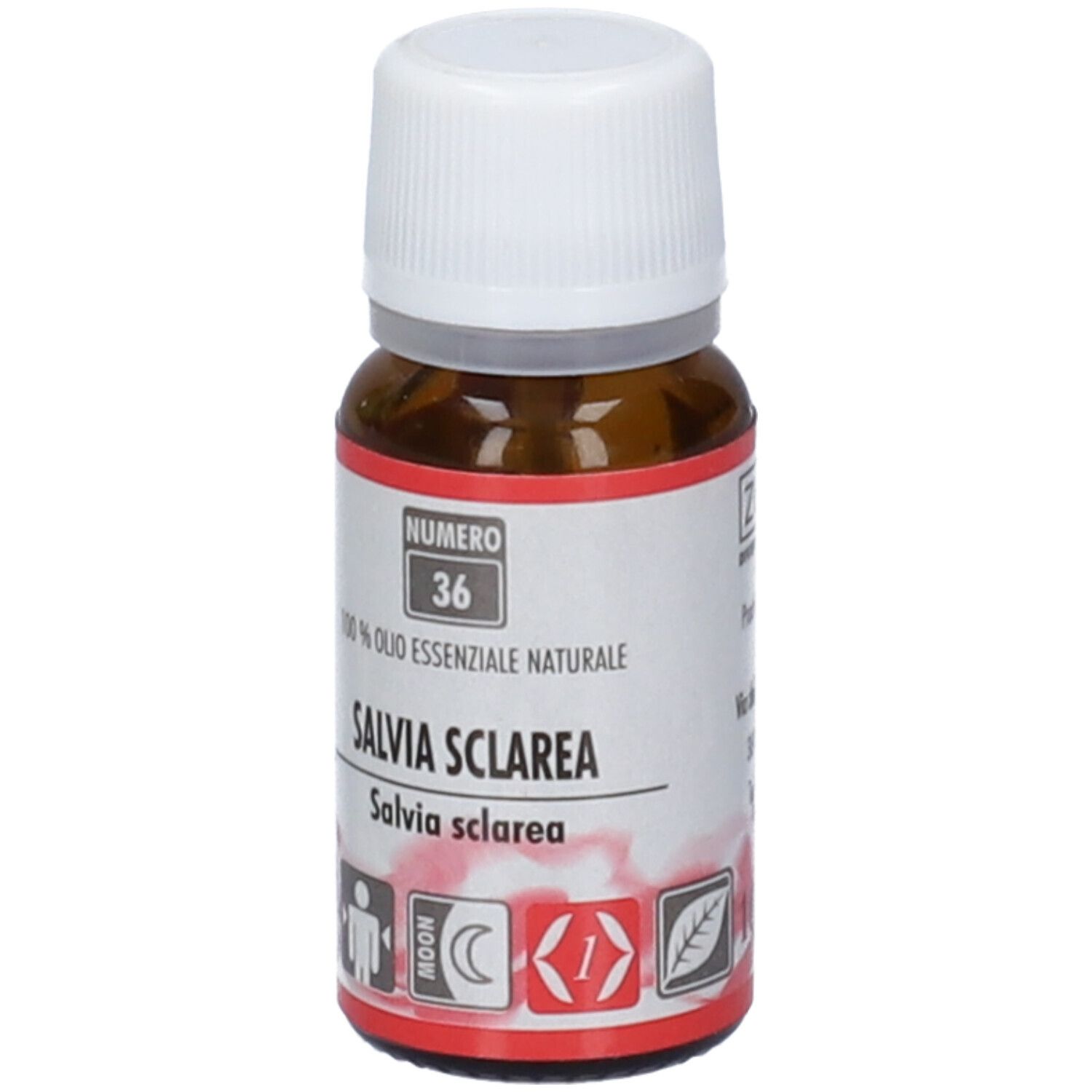 Flacone in vetro ambrato con tappo a vite bianco. Etichetta con "NUMERO 36" e "SALVIA SCLAREA".