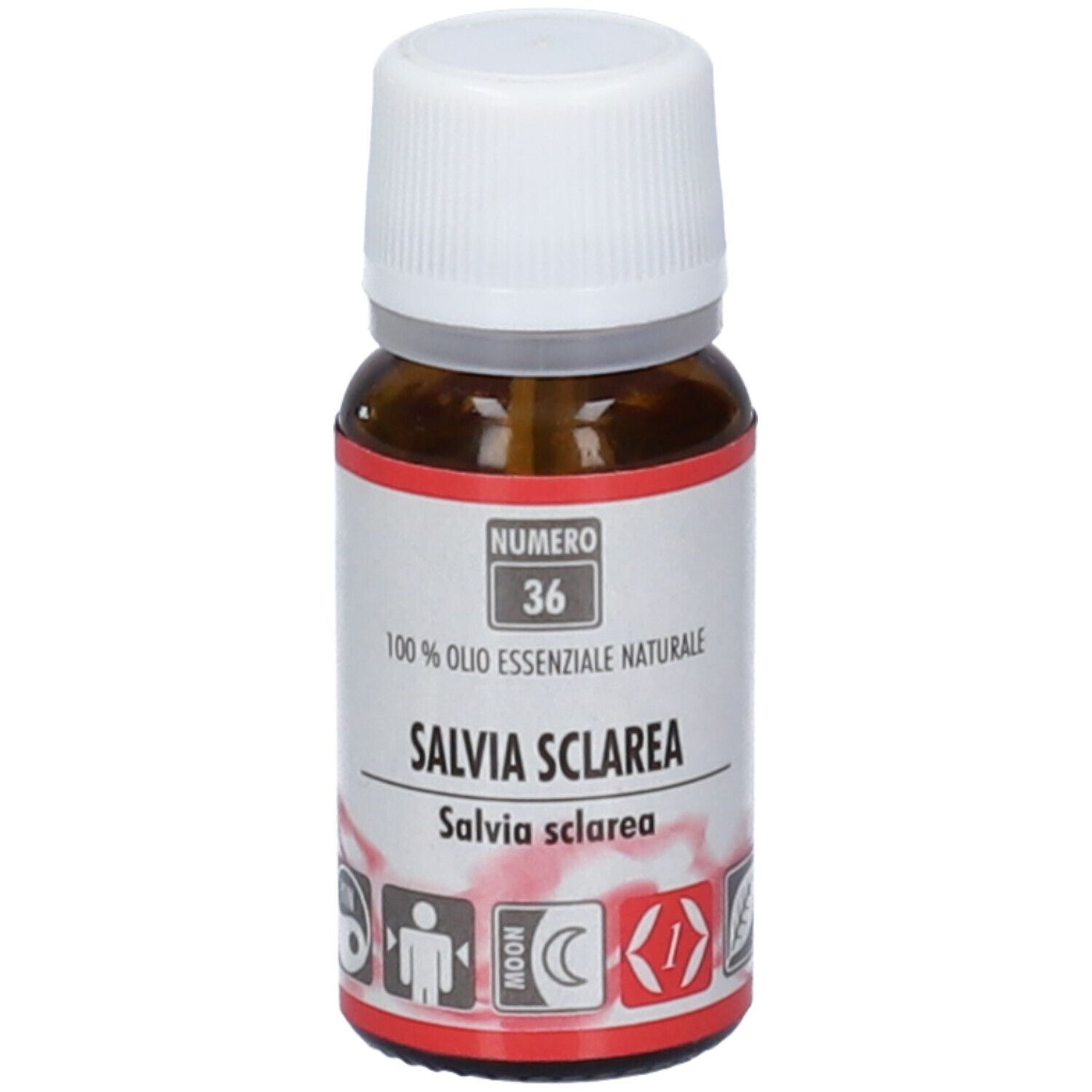 Flacone in vetro marrone con tappo a vite bianco, contenente olio di salvia. Etichetta con "NUMERO 36" e "SALVIA SCLAREA".