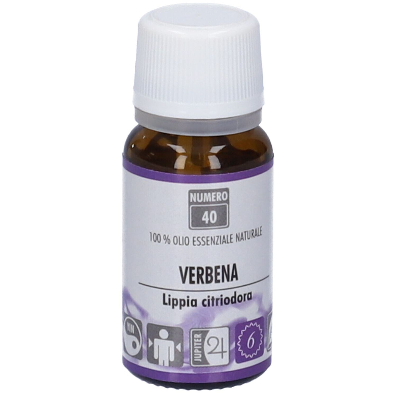 Flacone in vetro marrone con tappo bianco. Etichetta con testo: Verbena, 100% Olio Essenziale Naturale. Immagini di persone.