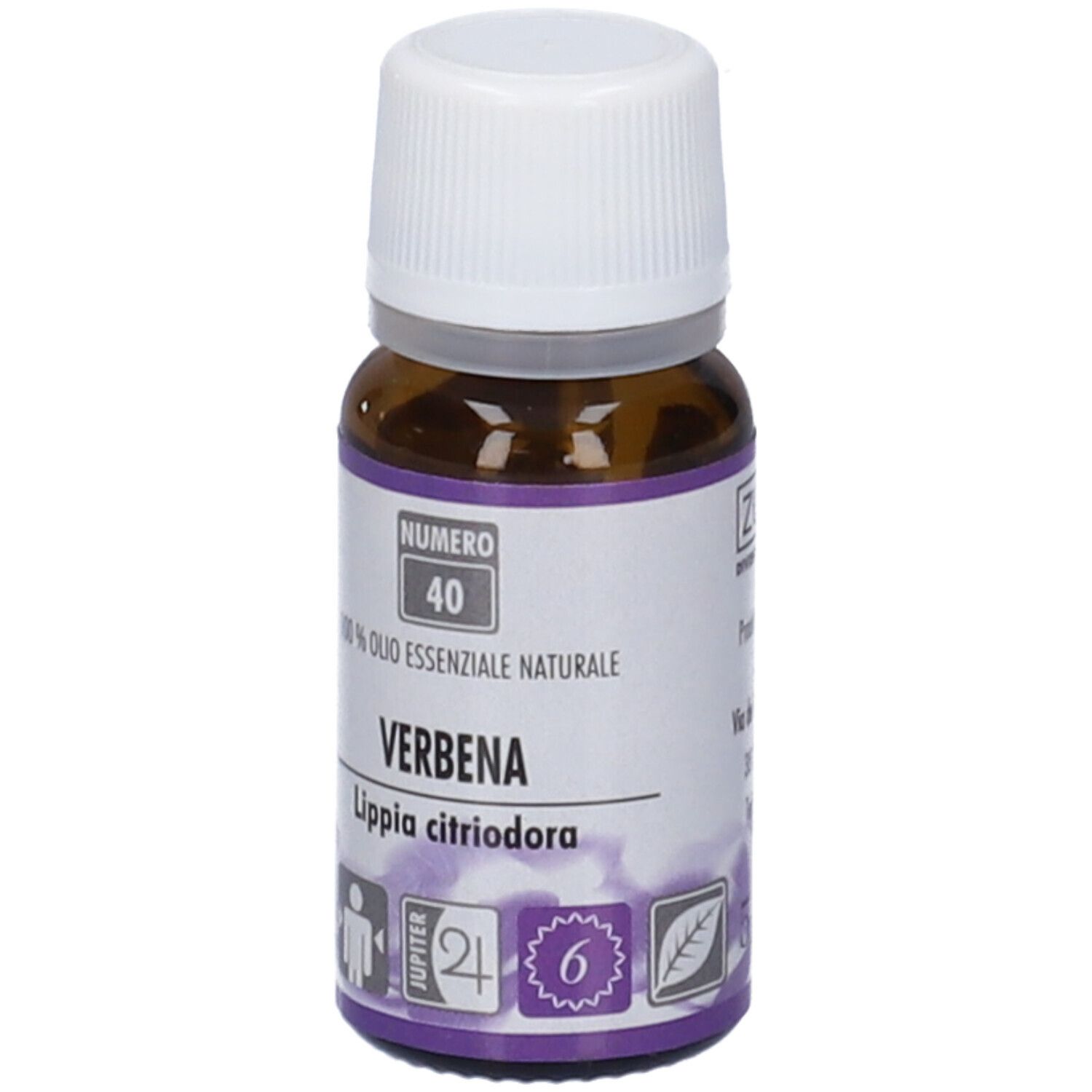 Flacone in vetro marrone con tappo bianco. Etichetta con testo: Verbena, 100% Olio Essenziale Naturale. Simbolo di foglia.