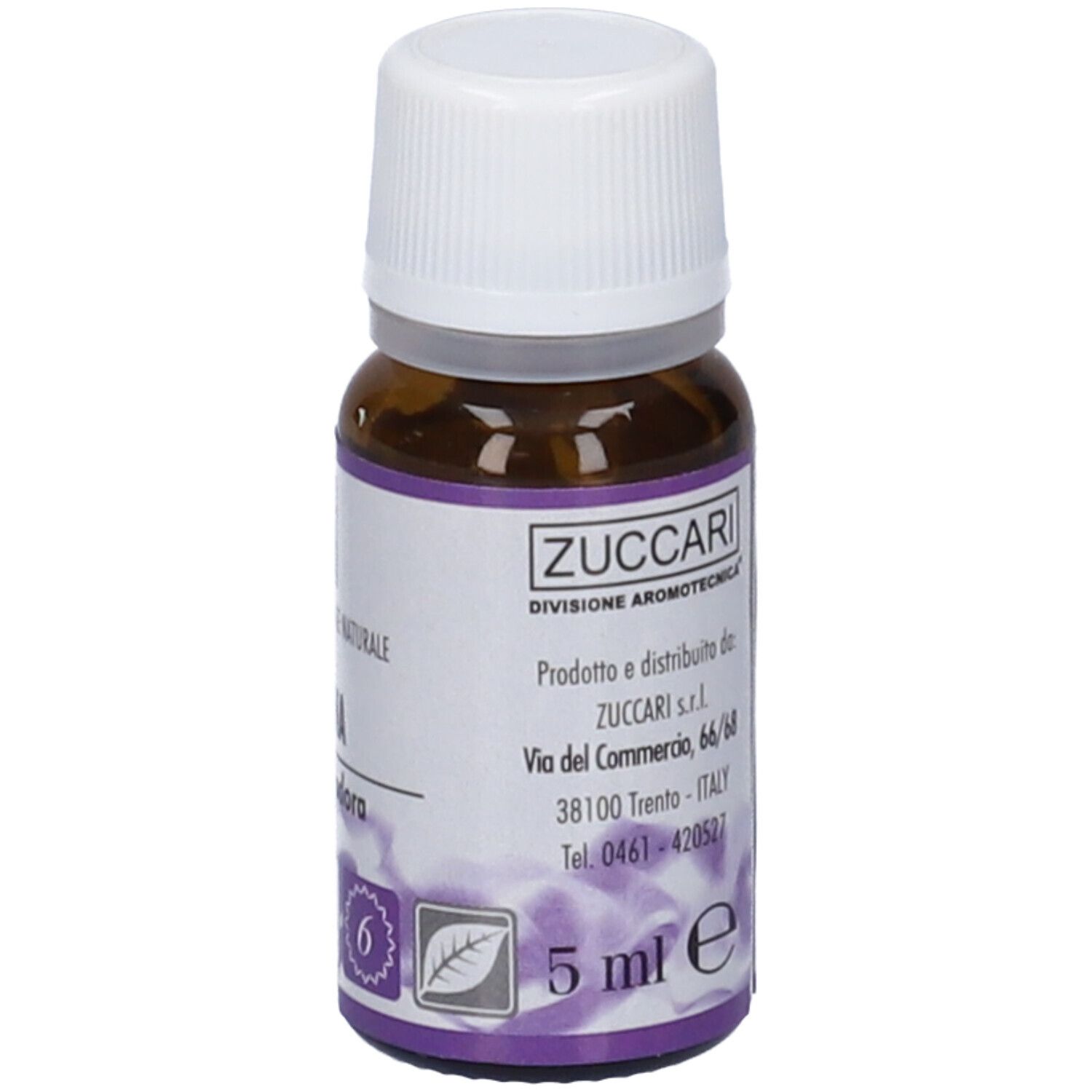 Flacone in vetro marrone con tappo bianco. Etichetta con testo: Zuccari, 5 ml. Simbolo di foglia.