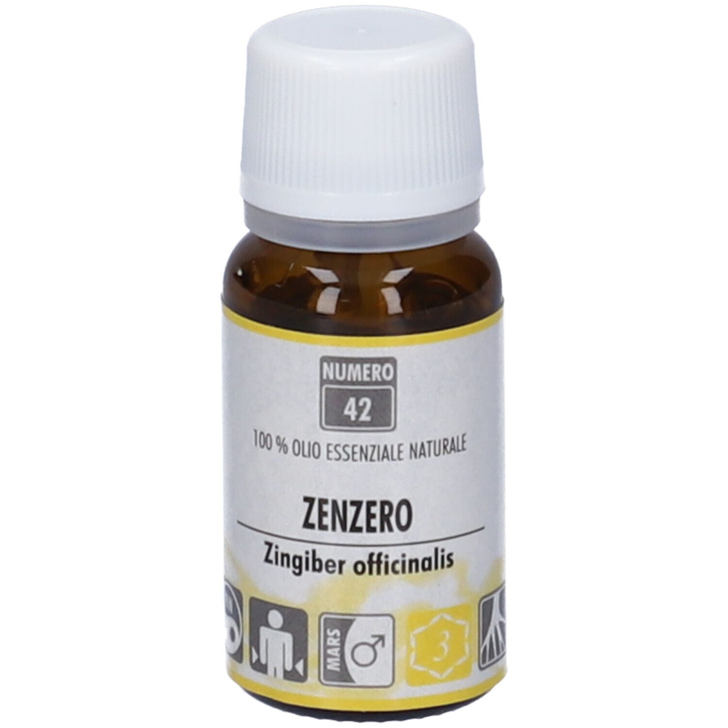 Flacone di vetro marrone con tappo bianco. Etichetta con nome prodotto Zenzero, numero 42 e altre informazioni.