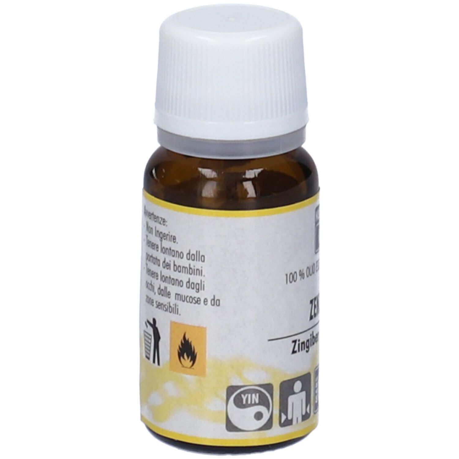 Flacone di vetro marrone con tappo bianco. Etichetta con informazioni sul prodotto e avvertenze.