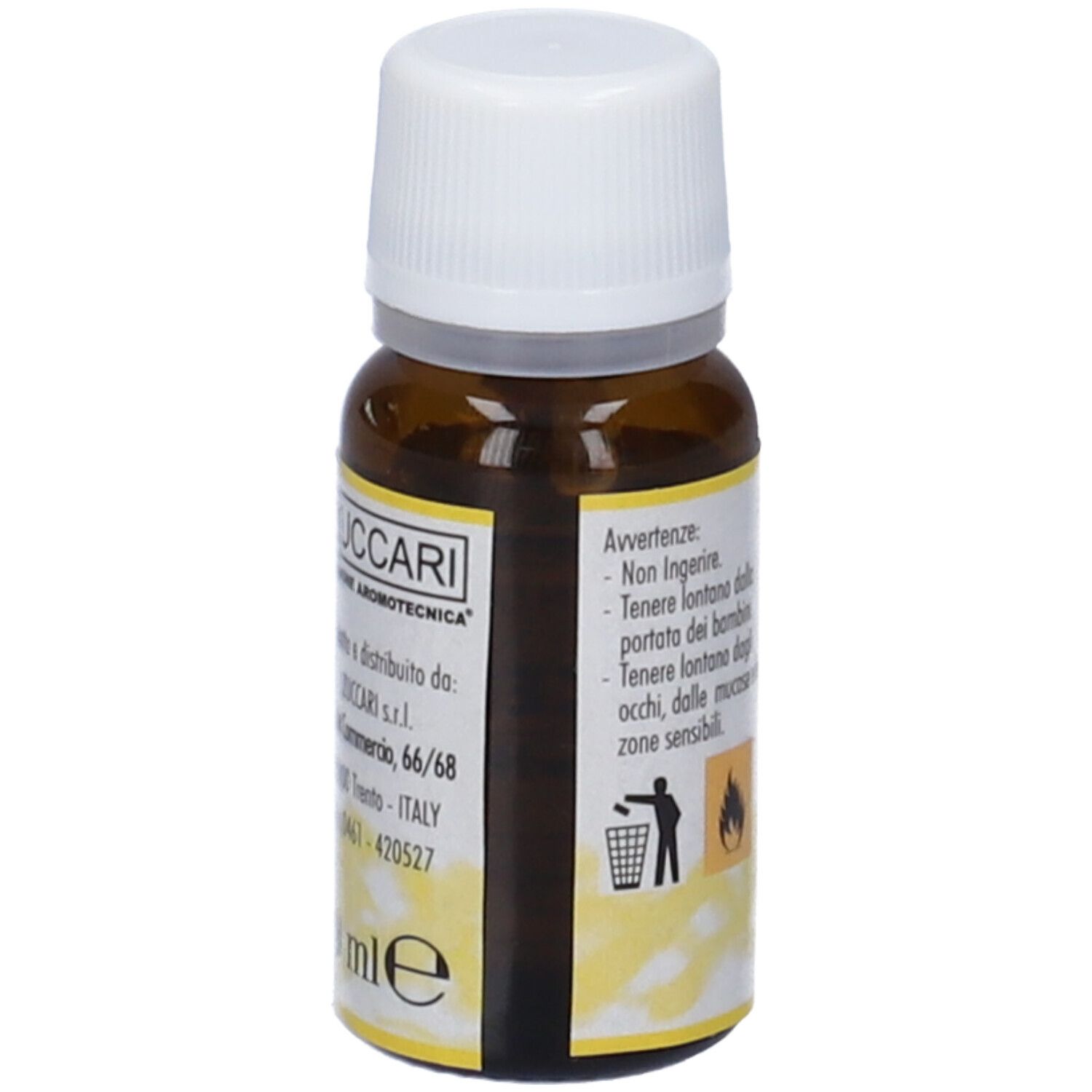 Flacone di vetro marrone con tappo bianco. Etichetta con informazioni sul prodotto e indirizzo del produttore.