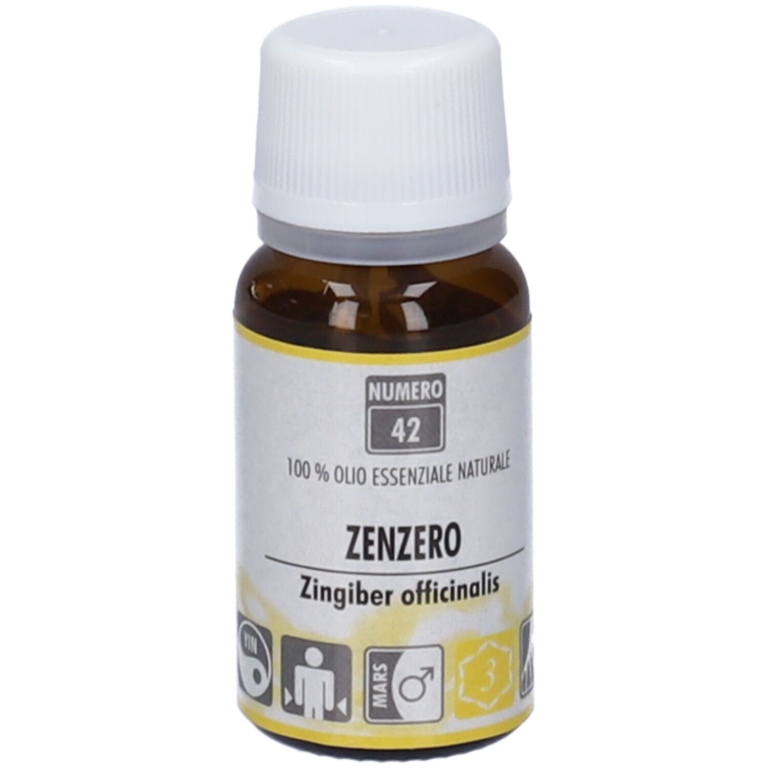 Flacone di vetro marrone con tappo bianco. Etichetta con nome prodotto Zenzero, numero 42 e altre informazioni.