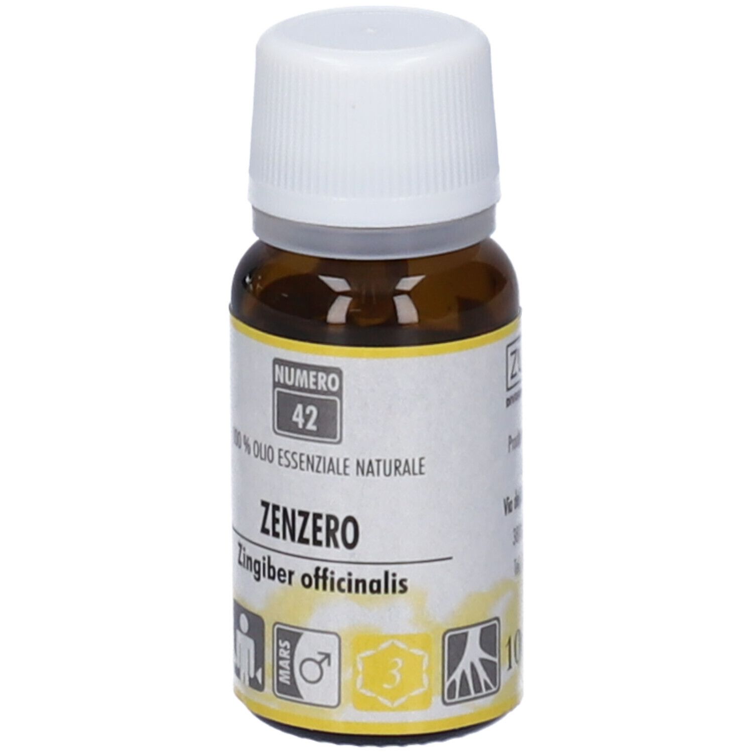 Flacone di vetro marrone con tappo bianco. Etichetta con nome prodotto Zenzero, numero 42 e altre informazioni.