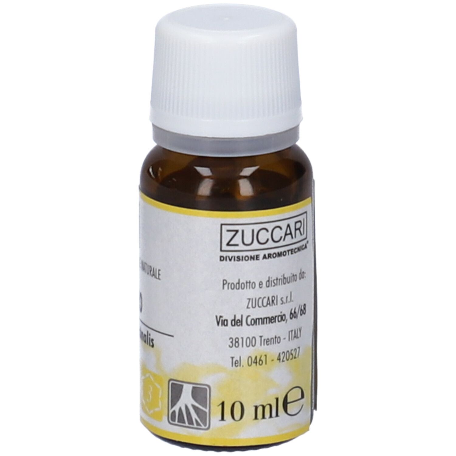 Flacone di vetro marrone con tappo bianco. Etichetta con informazioni sul prodotto, indirizzo e 10 ml.