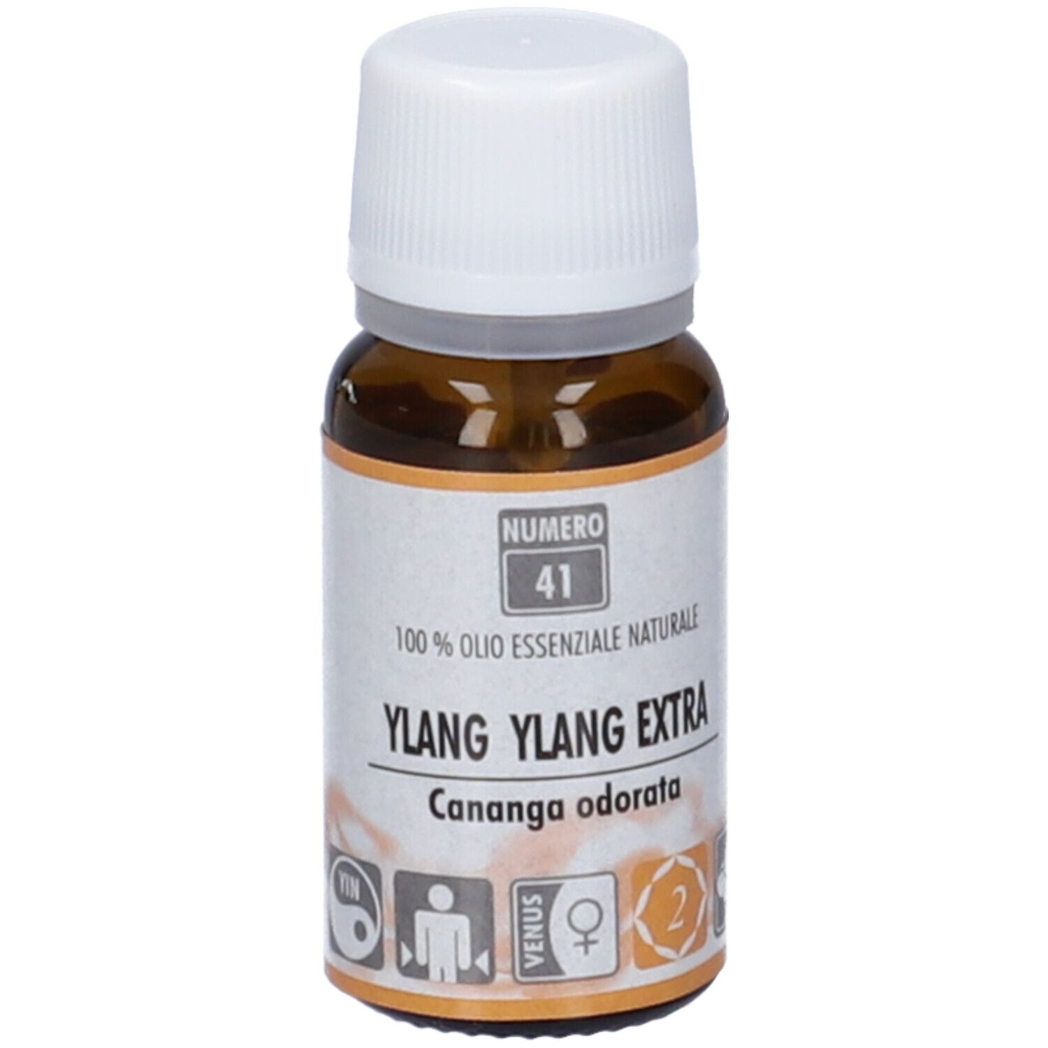 Flacone in vetro marrone con tappo bianco. Scritta: Ylang Ylang Extra, 100% olio. Con pittogrammi.