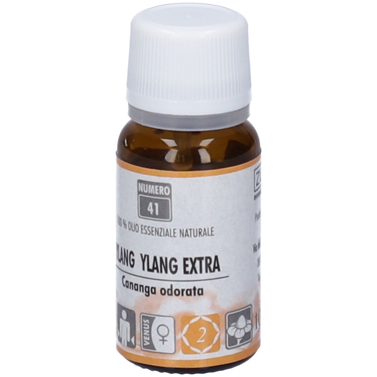 Flacone in vetro marrone con tappo bianco. Scritta: Ylang Ylang Extra, 100% olio. Con pittogrammi.
