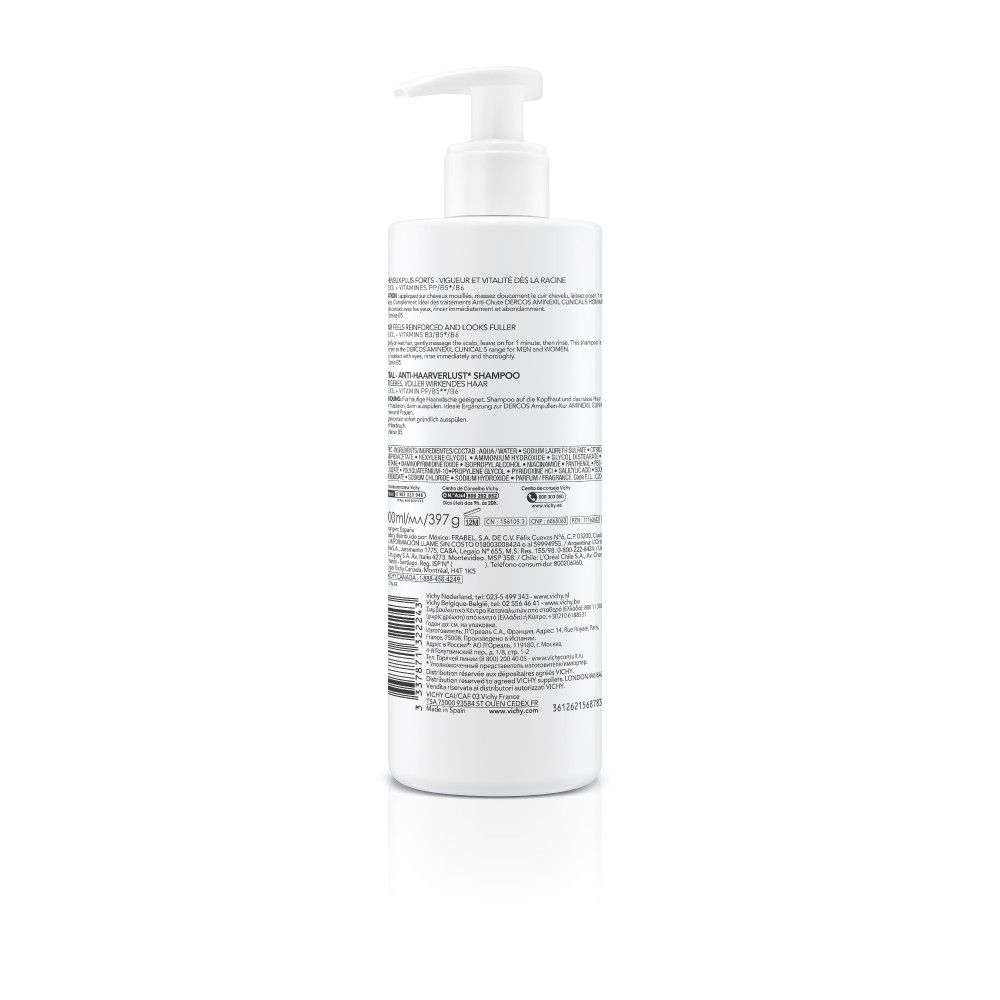 Retro dello shampoo Vichy Dercos Energy+ con dettagliate informazioni sull'uso.