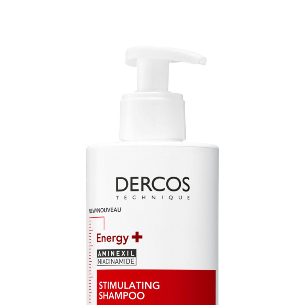 Primo piano sulla parte superiore dello shampoo Vichy Dercos Energy+ con erogatore.