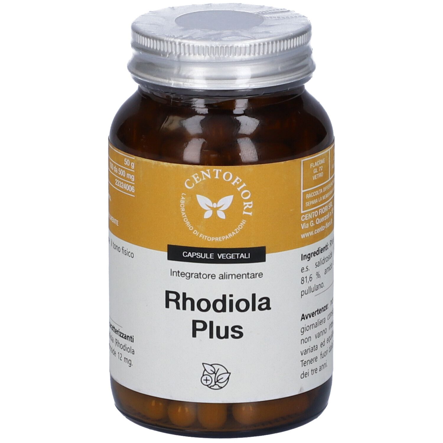 Flacone di vetro marrone con coperchio argentato. L'etichetta riporta "Rhodiola Plus".