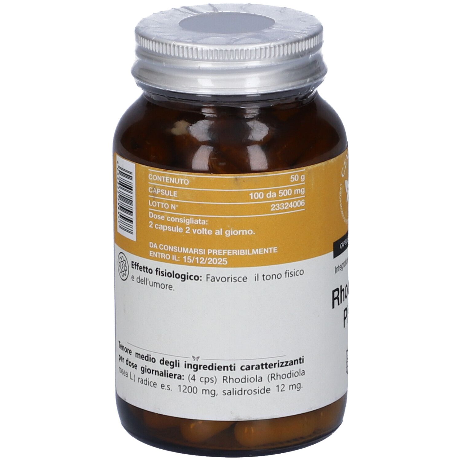 Retro di un flacone di vetro marrone con etichetta. Testo: "Rhodiola Plus", ingredienti, data di scadenza.