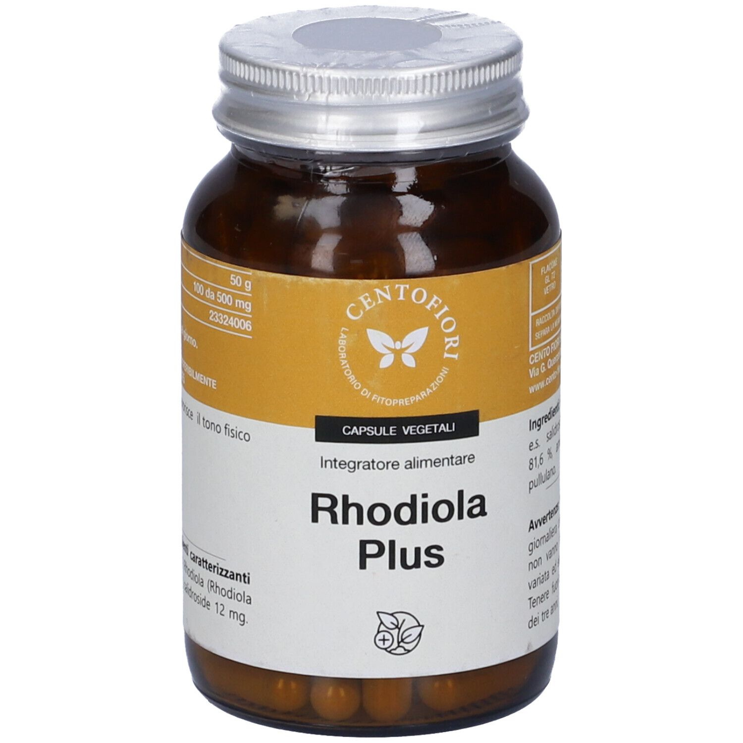 Flacone di vetro marrone con coperchio argentato. Etichetta con "Rhodiola Plus" e informazioni.
