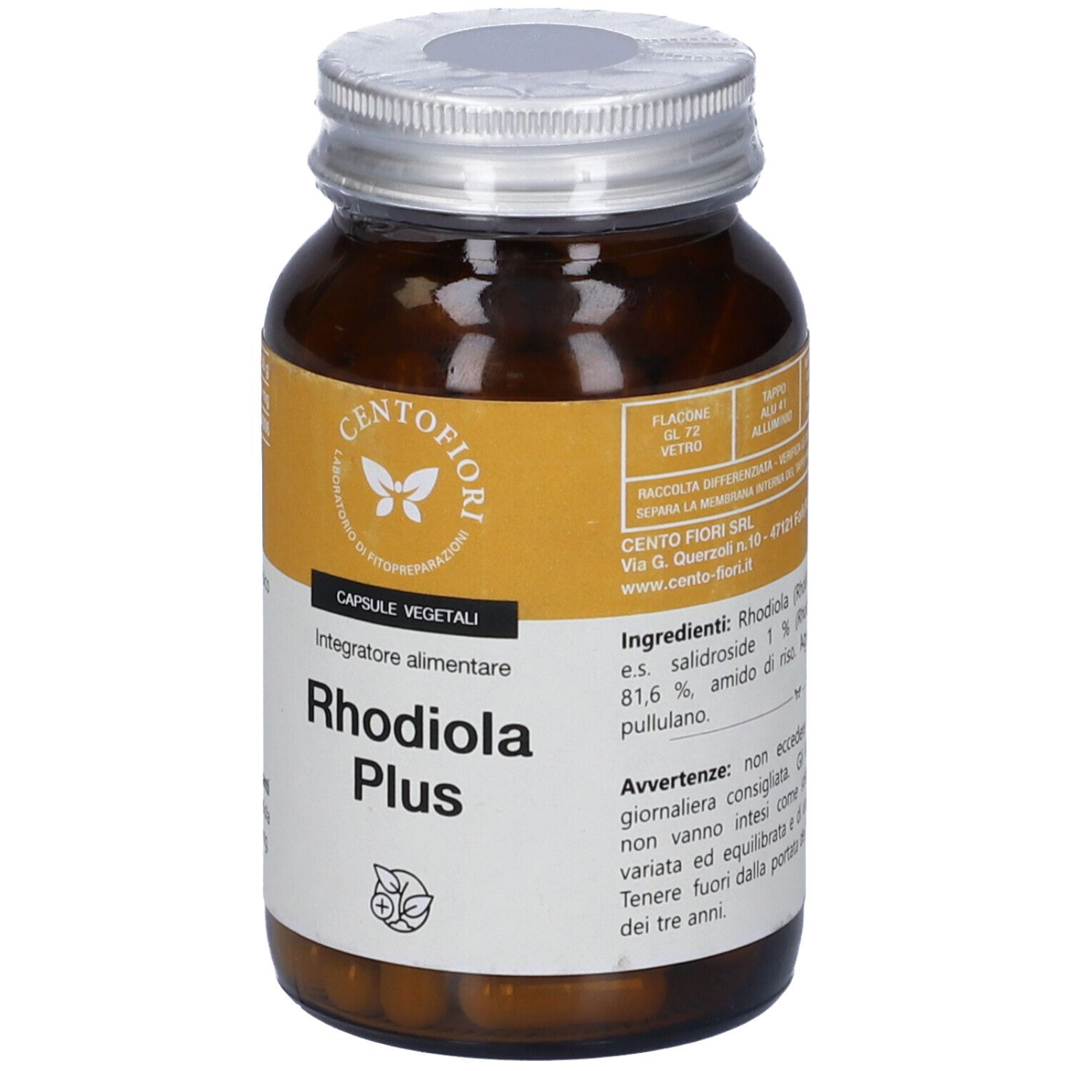 Flacone di vetro marrone con coperchio argentato. Etichetta con "Rhodiola Plus" e informazioni.