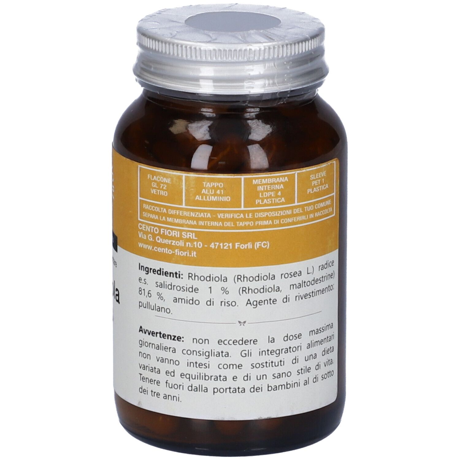 Retro del flacone di vetro marrone. Etichetta con ingredienti, avvertenze e informazioni produttore.