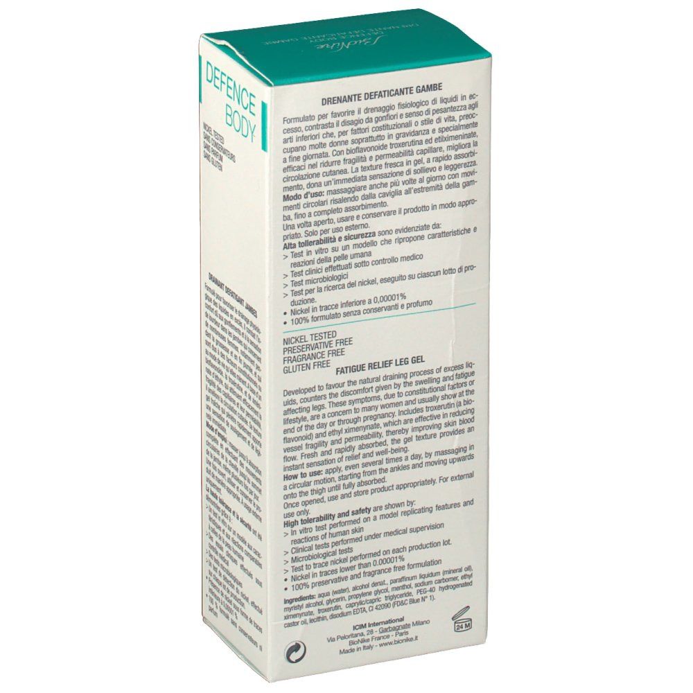 Confezione BioNike Defence Body Drain. Bianca e turchese. Scritte: Defence Body, Drain, Fatigue Relief Leg Gel. Testo sul retro.