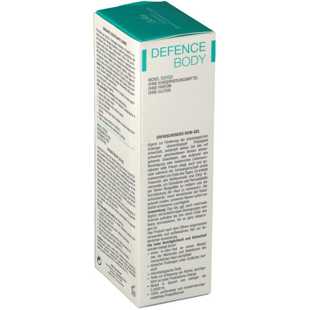 Confezione BioNike Defence Body Drain. Bianca e turchese. Scritte: Defence Body, Drain, Gel Gambe Rinfrescante. Testo sul retro.