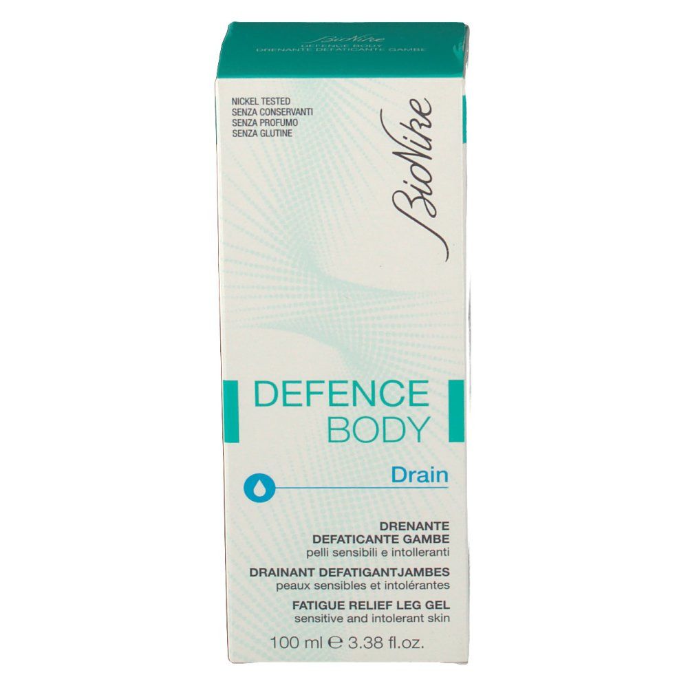 Confezione BioNike Defence Body Drain. Bianca con dettagli turchini. Scritte: Defence Body, Drain, Fatigue Relief Leg Gel. 100 ml.